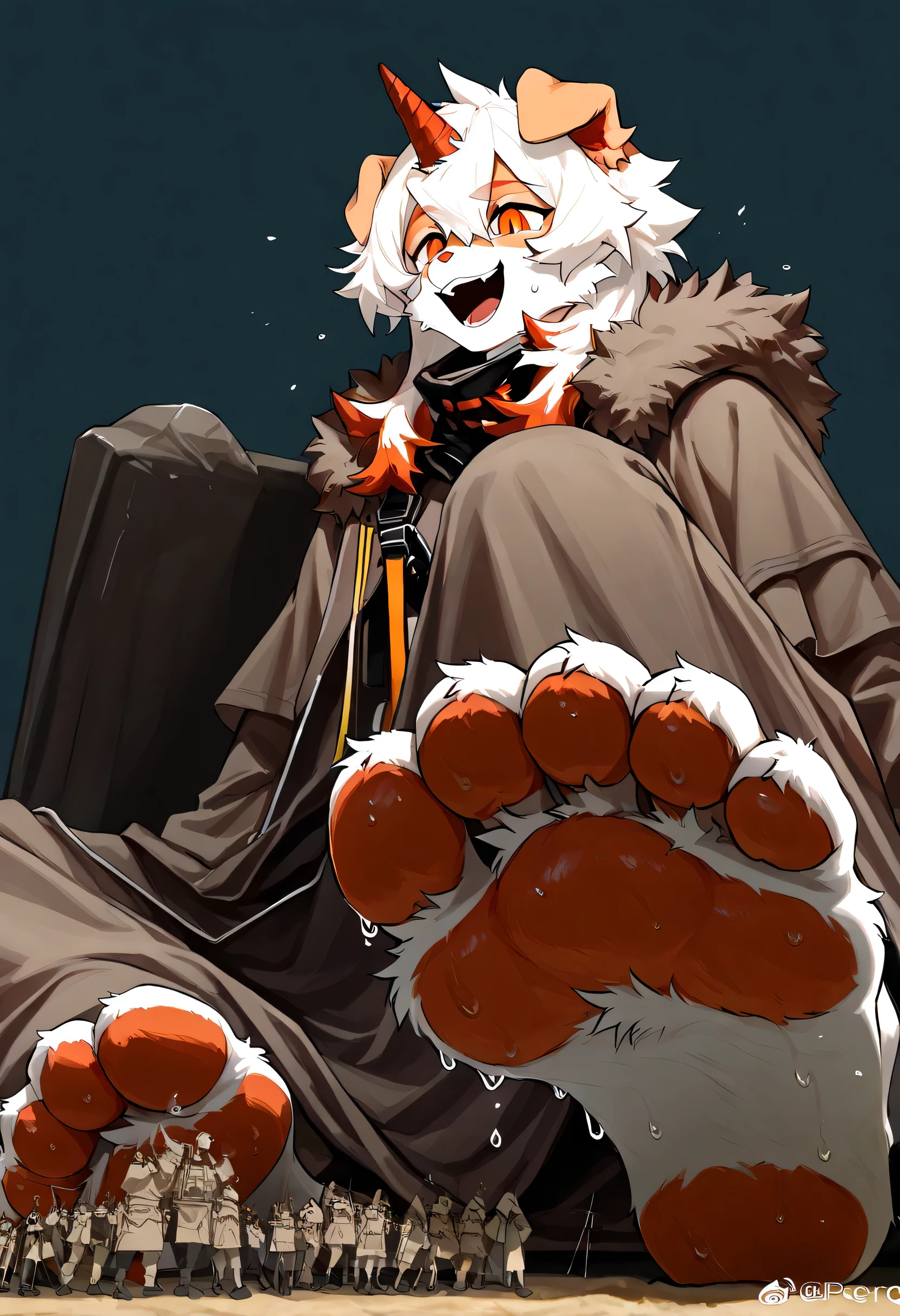 score_9, score_8_up, score_7_up, score_6_up, furry, anthro, solo, hung, perro, arknights, two-tone fur, medium hair, white hair, single horn, orange eyes (side view of a closeup hung foot: 1.2), (ultra closeup of a hung foot only: 1.3), (furry hung: 1.1), robes, simple background, (ultra closeup of hung feet: 1.2), (foreshortening: 1.2), (closeup hung foot: 1.2), sitting, (showing paws: 1.1), (macro size: 1.2), army,sitting, laughing, sweaty,Strong muscles