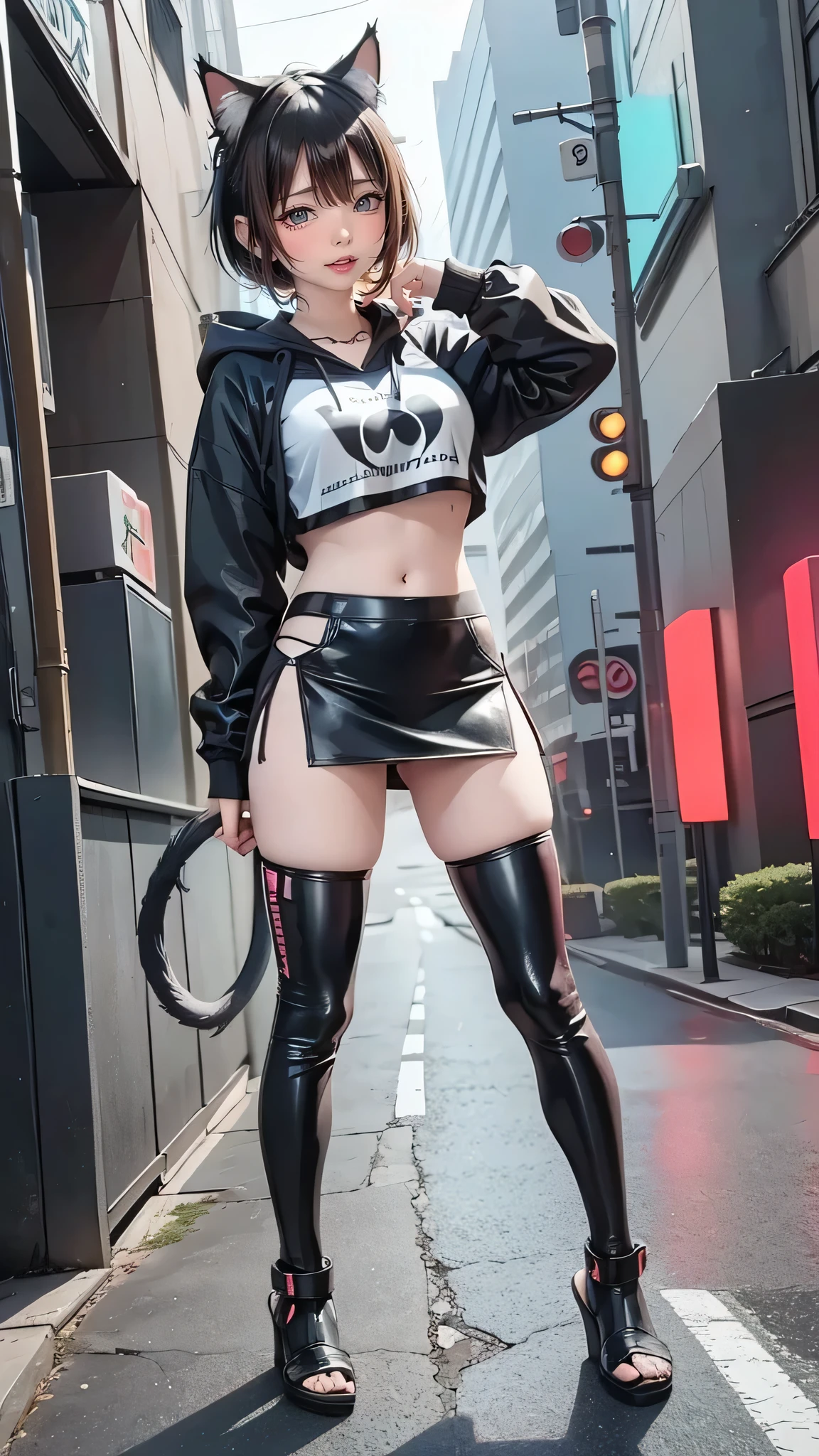 Pretty, Caucasian girl, thick thighs, dressed in black leggings, white Jordan-style sneakers, sleeveless tube top, black jacket, black wavy hair, metallic framed glasses
