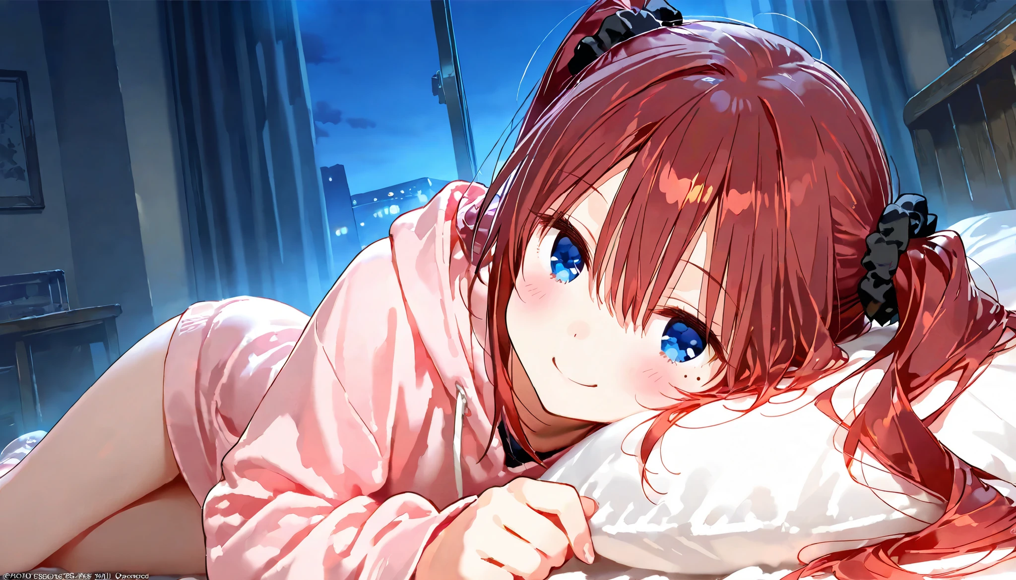 masterpiece , best quality, 1girl, medium length and tied into twin pigtails on both sides, round eyes, black scrunchie, bangs,hair between eyes, red hair, blue eyes eyes, mole under left eye, -yeld, hie, looking at viewer, smiling, in the room, hyper detailed, anime, (hard-edged:1.4), golden ratio, highly saturated colors, lying down, upper body, night