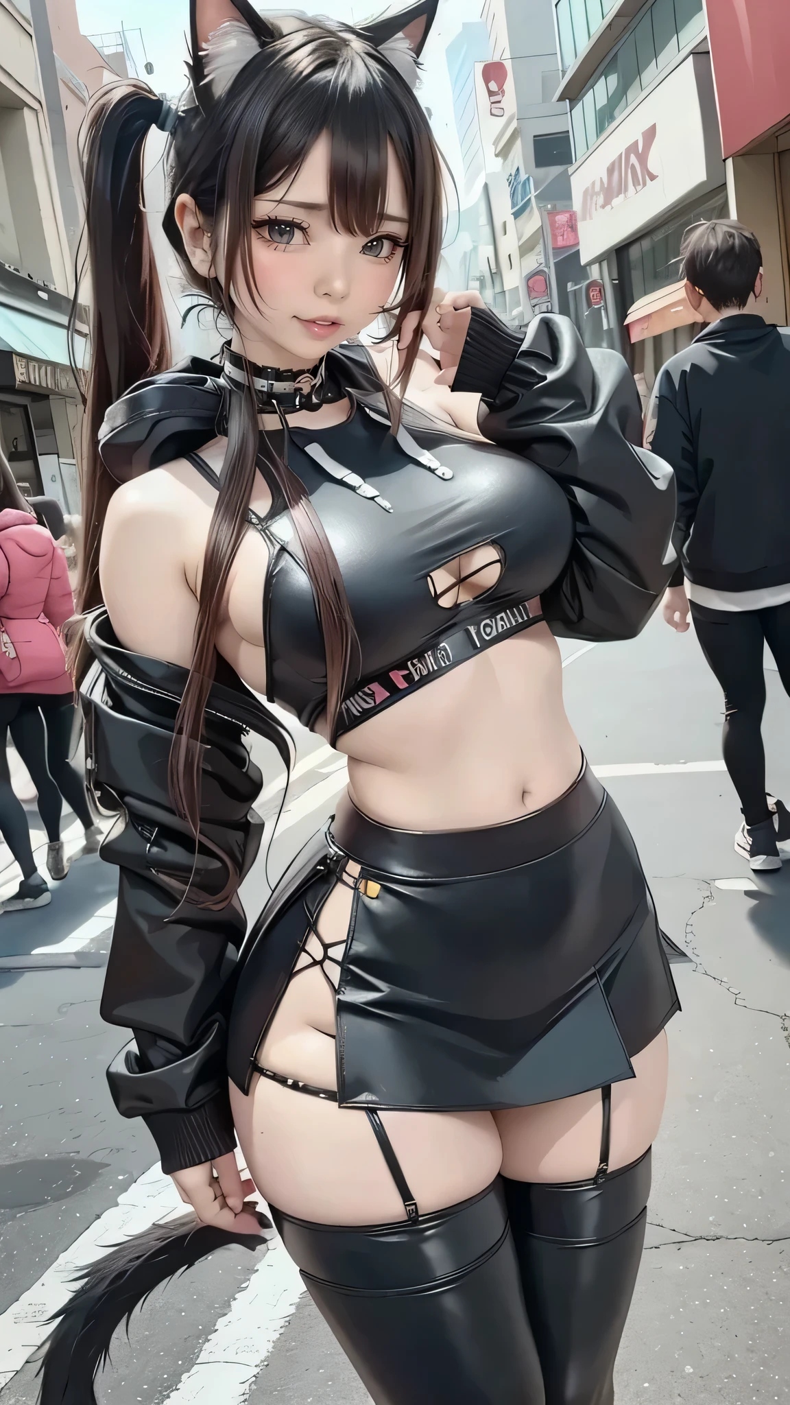 Uma jovem de cabelos longos na cor preta, vestido uma jaqueta de corrida preta, leve maquiagem, piercing no nariz, algumas tatuagens, sentada encima de um jepp cinza escuro no por do sol