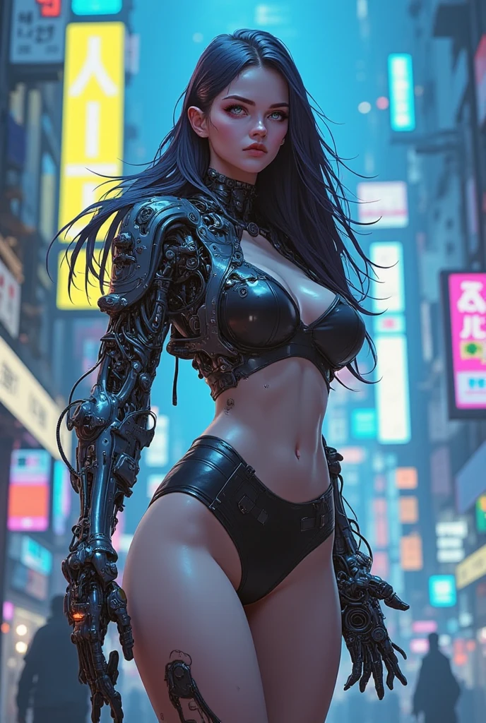 Beautiful girl in cyberpunk scene medium breasts, long hair, mechanical arms, see-through
