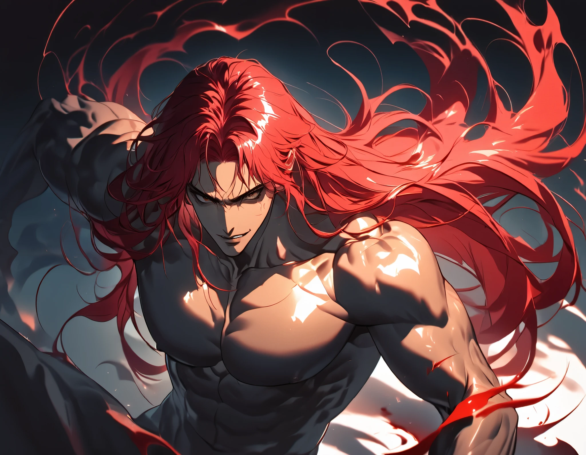 Man with red hair, dark skin, brown eyes, Solo, Long hair, Masterpiece, High quality, Shine, Background defocus, Fluorescence, Ray tracing, Illustration, Gothic, dark knight, spurts of blood, bursts of fire, red hair, dynamic pose, top view, smirk, berserk, aged, ((broad chest)), view from above, cruel scene, murder intention, (((nude))