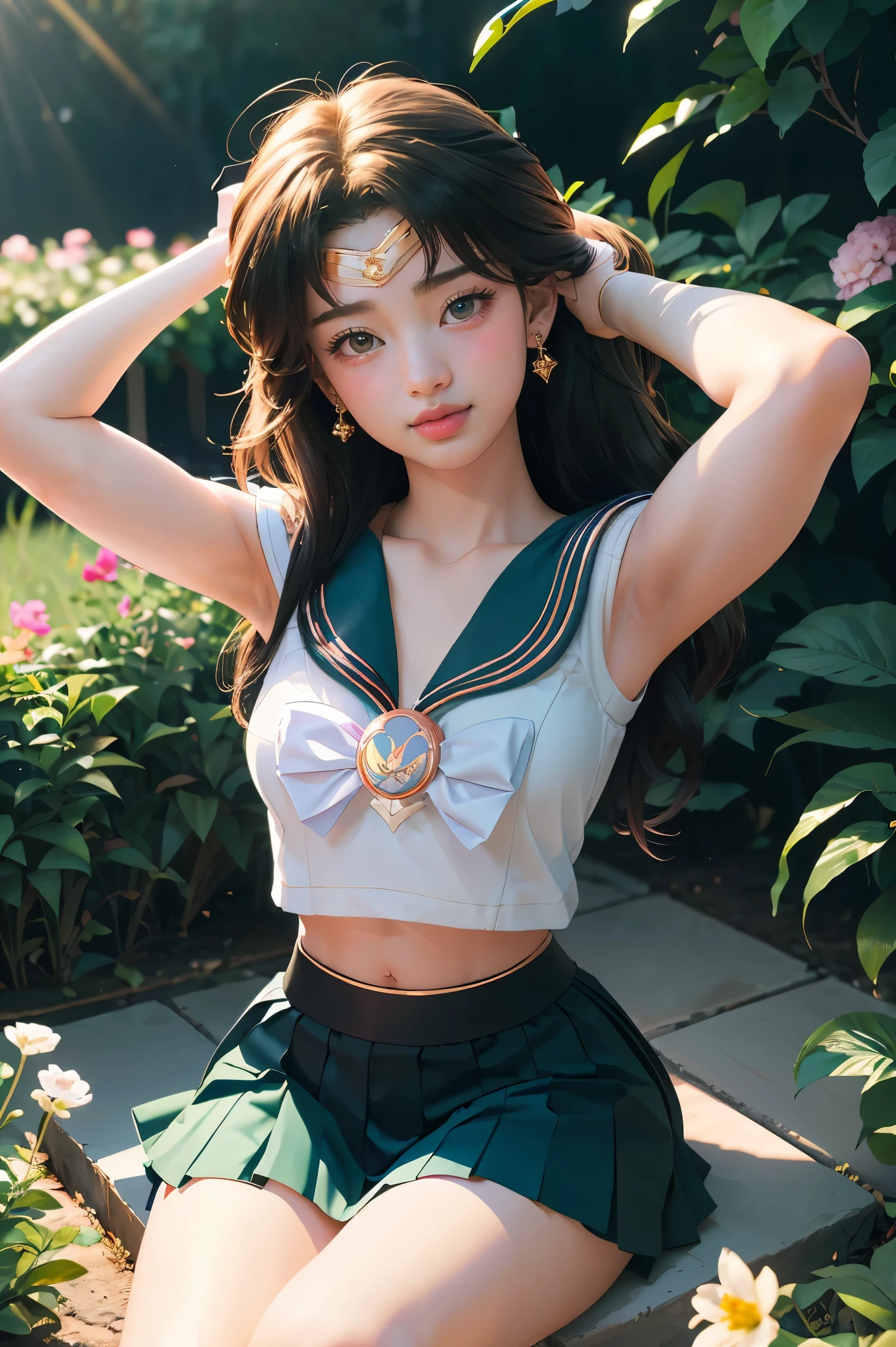 (Extreme Detail CG Unity 8K wallpaper, masterpiece, highest quality), (exquisite lighting and shadow, highly dramatic picture, cinematic lens effect), (Sailor Moon: 1.4), delicate facial features, charming smile, star eyes, ((dark green hair)), tight top, white gloves, mini skirt, dynamic pose, lying in the garden), (background in a garden full of flowers) (excellent detail, outstanding lighting, wide angle), (excellent rendering, enough to be proud of its kind),
