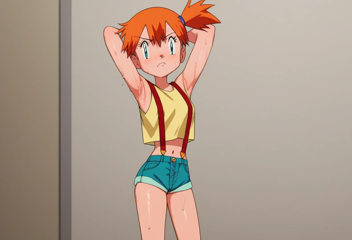 tmasterpiece, Best quality at best, A high resolution, 1girll, Heavy fog (pokemmo), orange color hair, 独奏, side pony tail, orange color hair, Mid-abdominal navel, short detailed hair , ssmile, exteriors, under boobs, little breast, External expansion of the chest,standing,Naked,Bare,Naked,Bare,Undressing,barechested,doff,no clothes are worn