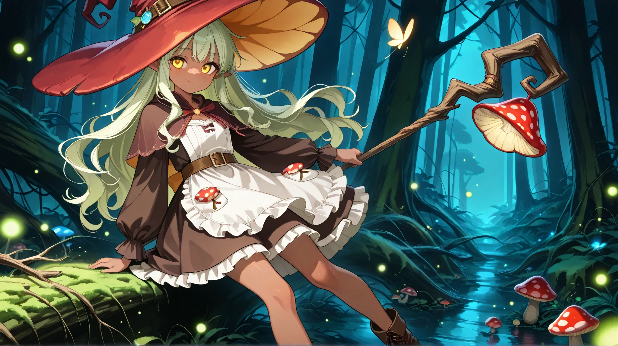 a Fungi Witch with tanned dark skin covered with freckles. Long pointy-ears. She has yellow-amber eyes. She has loose ginger red wavy hair, long to her feet. Per witch dressing set: She wears swampy green medieval dress and an apron with two pockets. she wearing a potion belt. There is a bag over her shoulder with healing herbs sticking out of it. She has brown pointy-toed witch boots. She wears a red fly Agaric hat on her head. In her hand she holds a staff in the shape of a tree branch overgrown with moss. she slowly walking in the mushroom grove where big mushroom-trees grow everywhere around the blooming swamp, fireflies are flying in the air. Multicolored flowers and mushrooms wich growing around have bioluminescence.