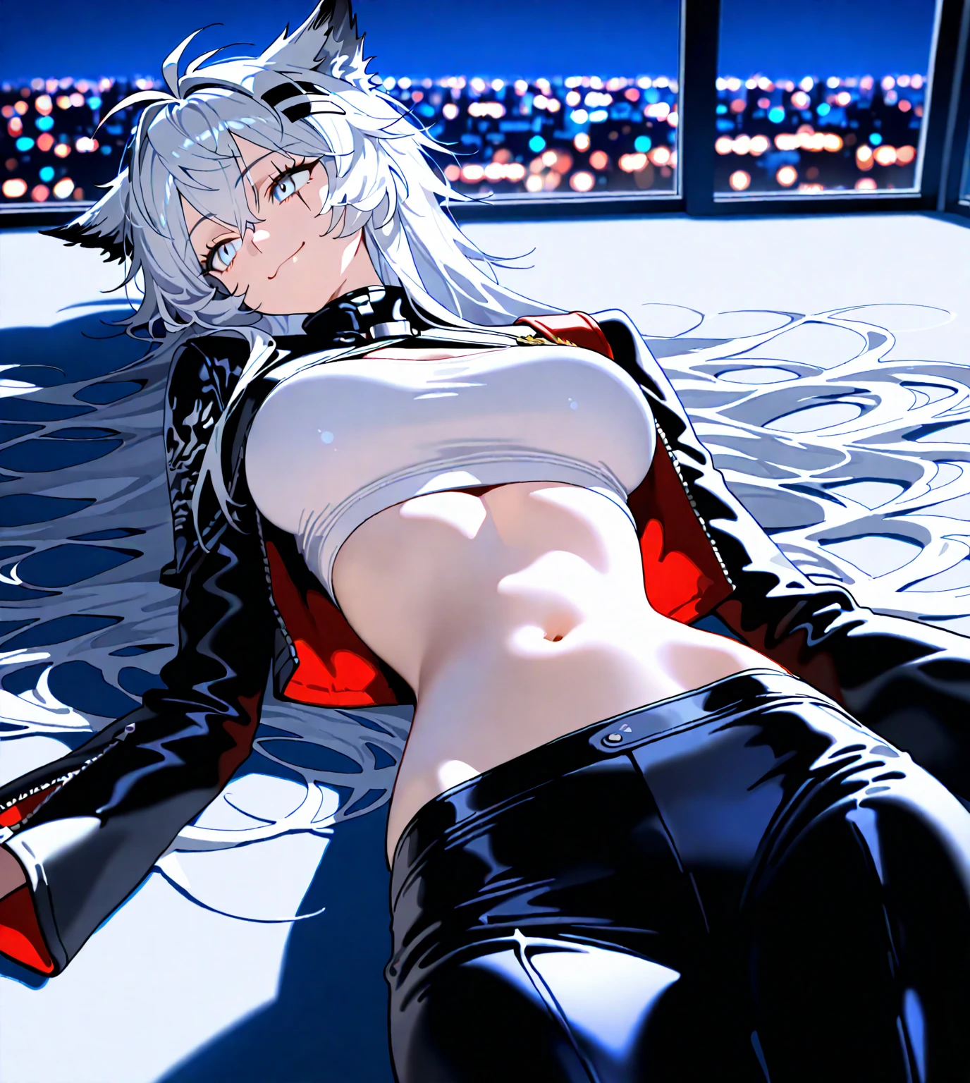 arlecchino gi, x-shapped pupils,white hair,short hair, coat, fur-trimmed coat, curvy, large breasts, wide hips, on stomach, spread legs, bed, red sheet, pillows, balcony, indoors, new york city, skyline, night, solo, dynamic angle, score_9, score_8_up, score_7_up