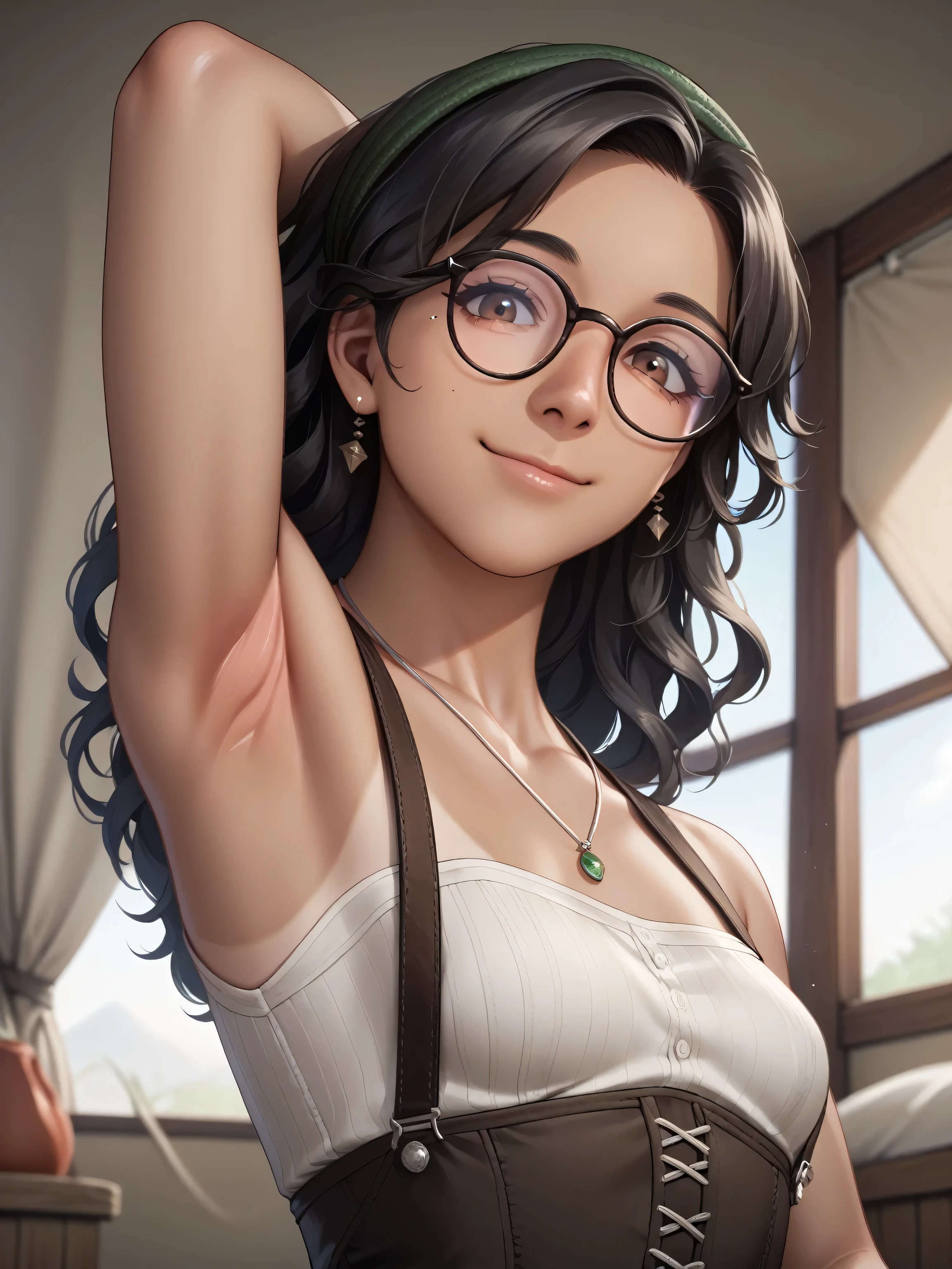 score_9, score_8_up, score_7_up, source_anime, masterpiece, best quality, amazing quality, 1girl, solo, mhralma, wavy hair, black hair, brown eyes, dark skin, tan, glasses, green hairband, necklace, white shirt, sleeveless shirt, waist corset, brown corset, brown suspenders, arm behind head, armpit, head towards viewer, looking at viewer, front light, smile, closed mouth, inside a tent, from side, from below, collarbone, armpit stubble