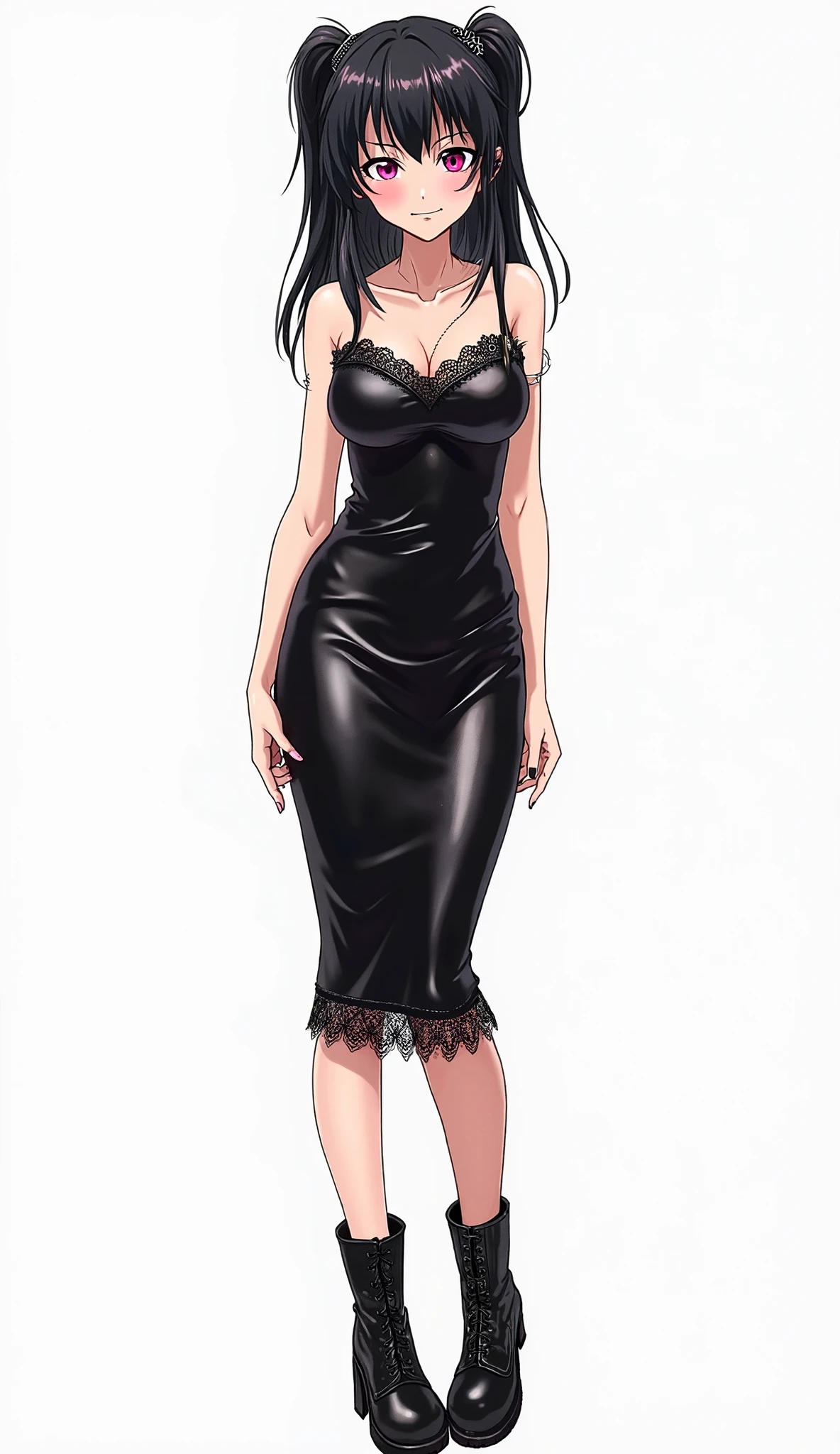 Alafid woman wearing black dress and red high heels, anime girl wearing black dress, glamorous Tifa lockheart, full body illustration, anime full body illustration, !!full body portrait!!, female whole body, Full body close-up, full body portrait, full body xianxia, Tifa, she is wearing a black dress
