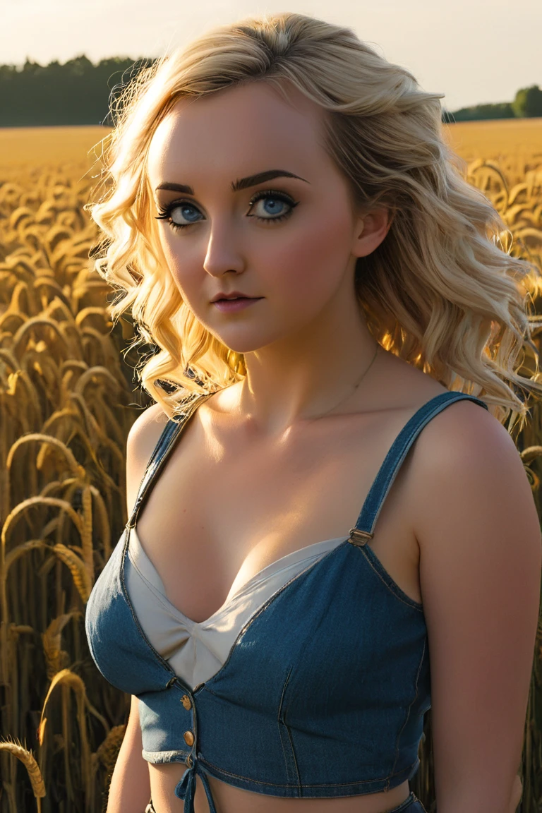 sexy busty farm girl with long blond hair tied up in twin pig tails and blue eyes wearing a straw hat, overalls and no shirt riding tractor past a corn field, Ultra detailed face, ultra detailed eyes, ultra detailed clothes, realistic body, beautiful face, intricate details, ultra detailed skin, ultra realistic photo, ultra realistic lighting, HDR