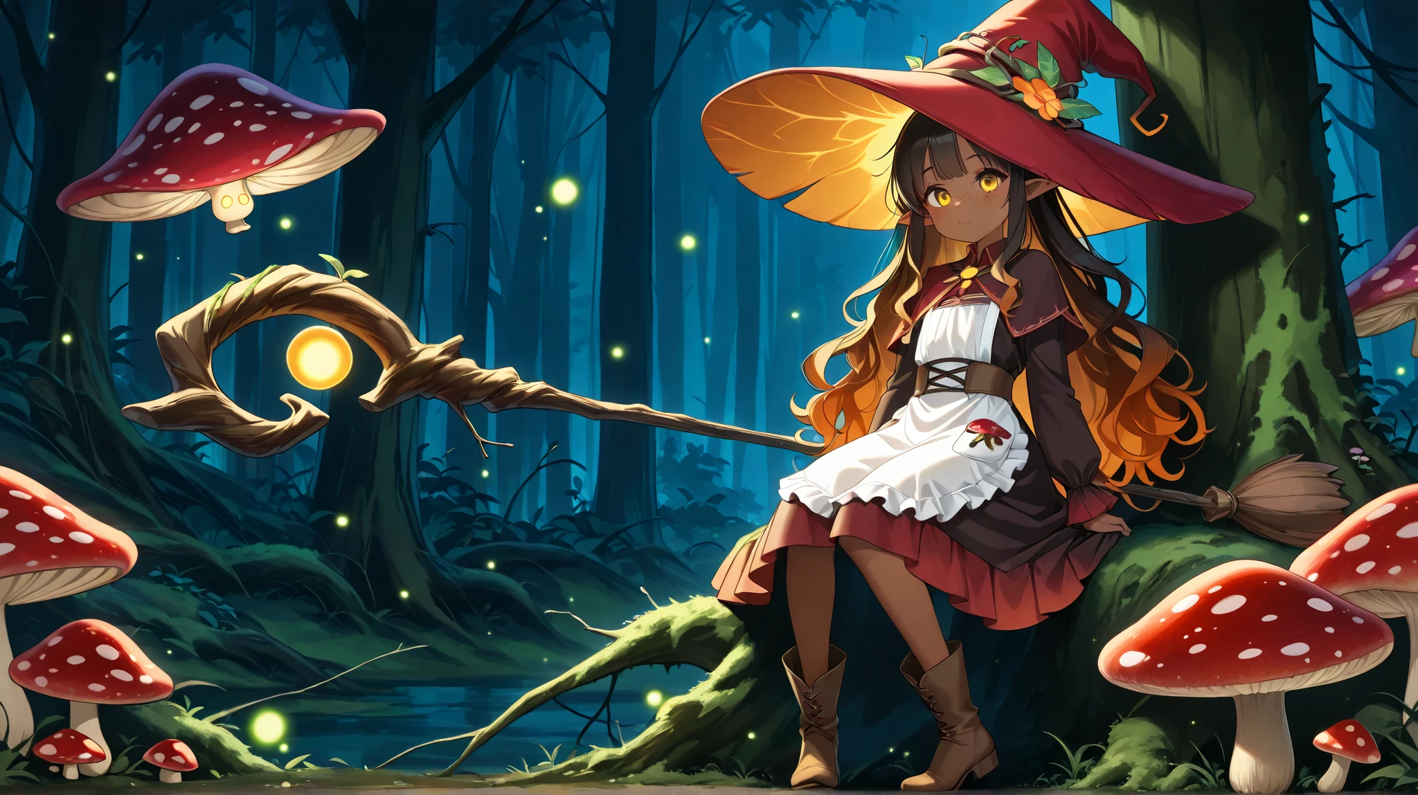  a Fungi Witch with tanned dark skin covered with freckles. Long pointy-ears. She has yellow-amber eyes. She has loose ginger red wavy hair, long to her feet. Per witch dressing set: She wears  swampy green  medieval dress and an apron with two pockets. she wearing a potion belt. There is a bag over her shoulder with healing herbs sticking out of it. She has brown pointy-toed witch boots. She wears a red fly Agaric hat on her head. In her hand she holds a staff in the shape of a tree branch overgrown with moss. she slowly walking in the mushroom grove  where big mushroom-trees grow everywhere around the blooming swamp, fireflies are flying in the air. Multicolored flowers and mushrooms wich growing around have bioluminescence.