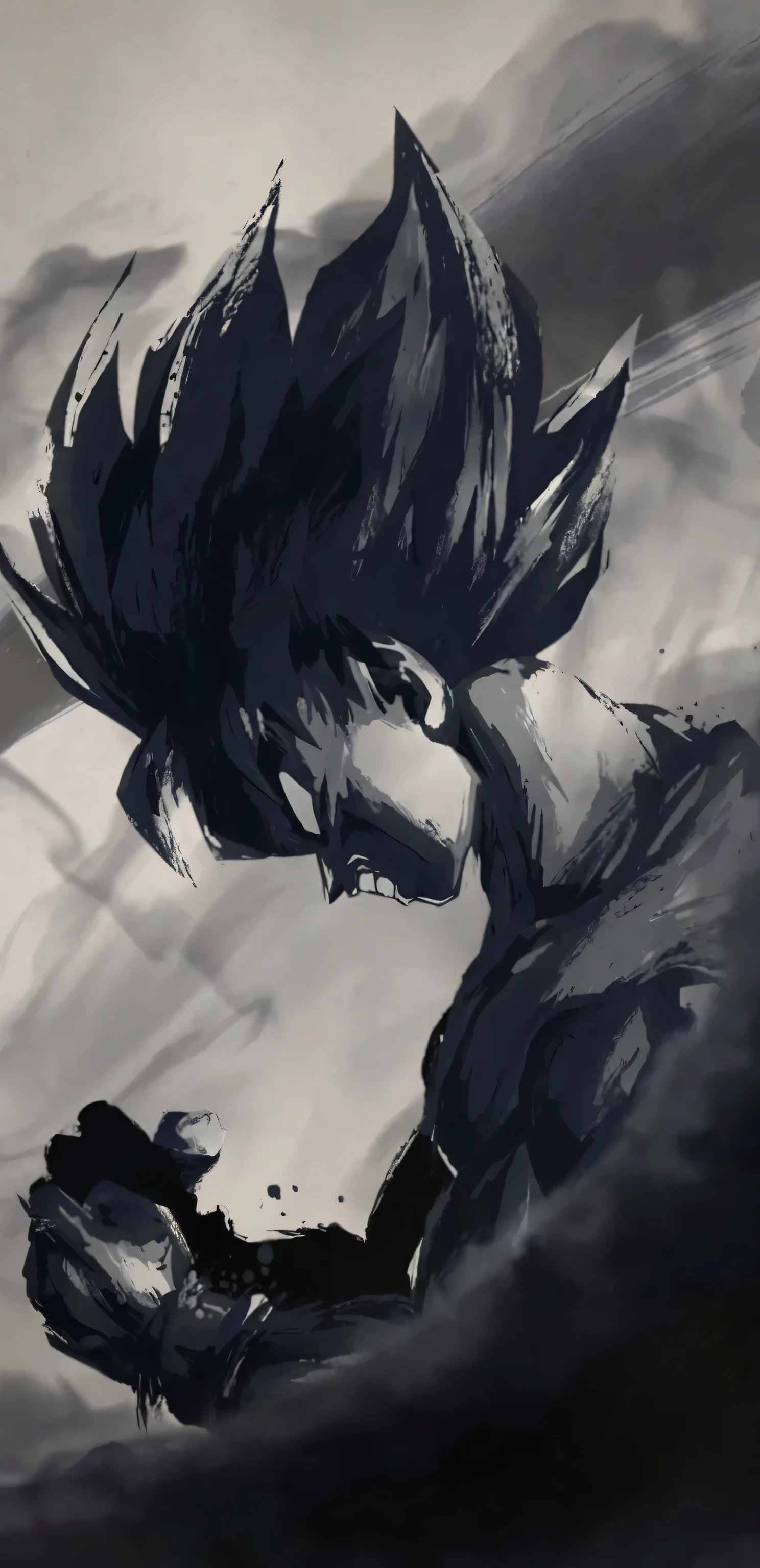 Goku, powering up, side view, intense expression, golden hair, flowing hair, energy aura, vibrant colors, dramatic lighting, shadows, Akira Toriyama style, anime illustration, detailed shading, textured background, masterpiece, best quality, highly detailed. Goku's body angled forward, head tilted down, right arms raised and fist clenched, left arm bent, hair spiking upwards, energy radiating from his body, colorful aura, background with swirling energy and smoke.