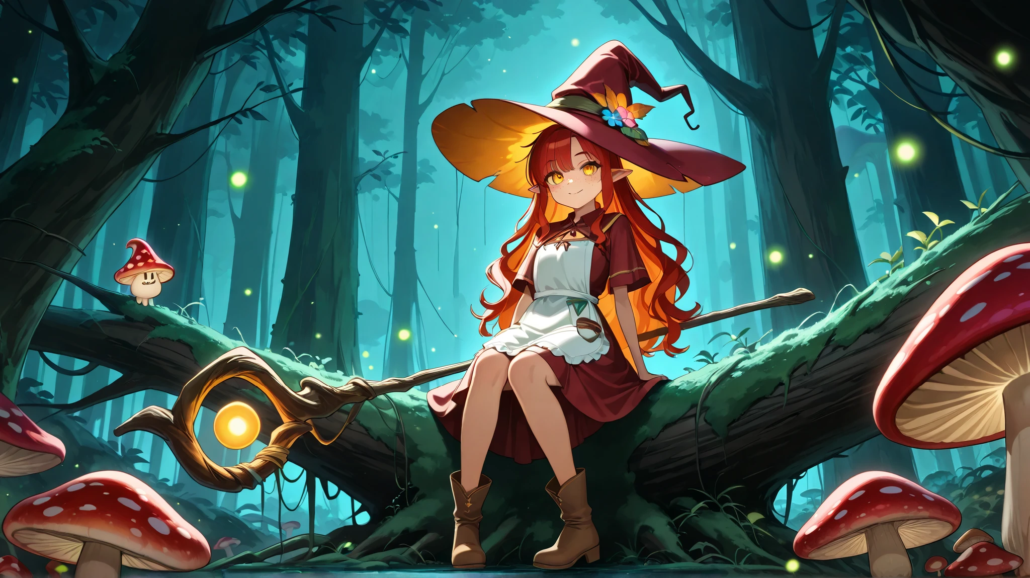 a Fungi Witch with tanned dark skin covered with freckles. Long pointy-ears. She has yellow-amber eyes. She has loose ginger red wavy hair, long to her feet. Per witch dressing set: She wears swampy green medieval dress and an apron with two pockets. she wearing a potion belt. There is a bag over her shoulder with healing herbs sticking out of it. She has brown pointy-toed witch boots. She wears a red fly Agaric hat on her head. In her hand she holds a staff in the shape of a tree branch overgrown with moss. she slowly walking in the mushroom grove where big mushroom-trees grow everywhere around the blooming swamp, fireflies are flying in the air. Multicolored flowers and mushrooms wich growing around have bioluminescence.