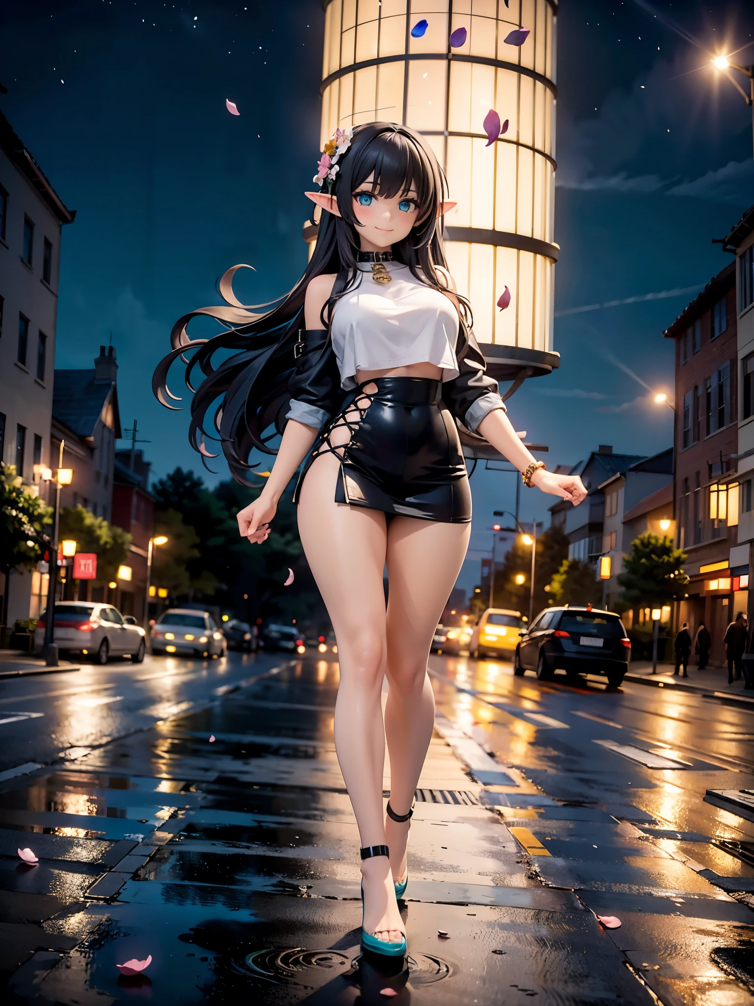 detailed image, beautiful image, an elf, dark hair, long hair, turquoise eyes, large breasts, short black waist, wide hips, thick thighs. She is wearing with a crop top, mini skirt, walking on a street, smiling, surrounded by a cityscape, falling flower petals, Starry night, ambient light, natural light.