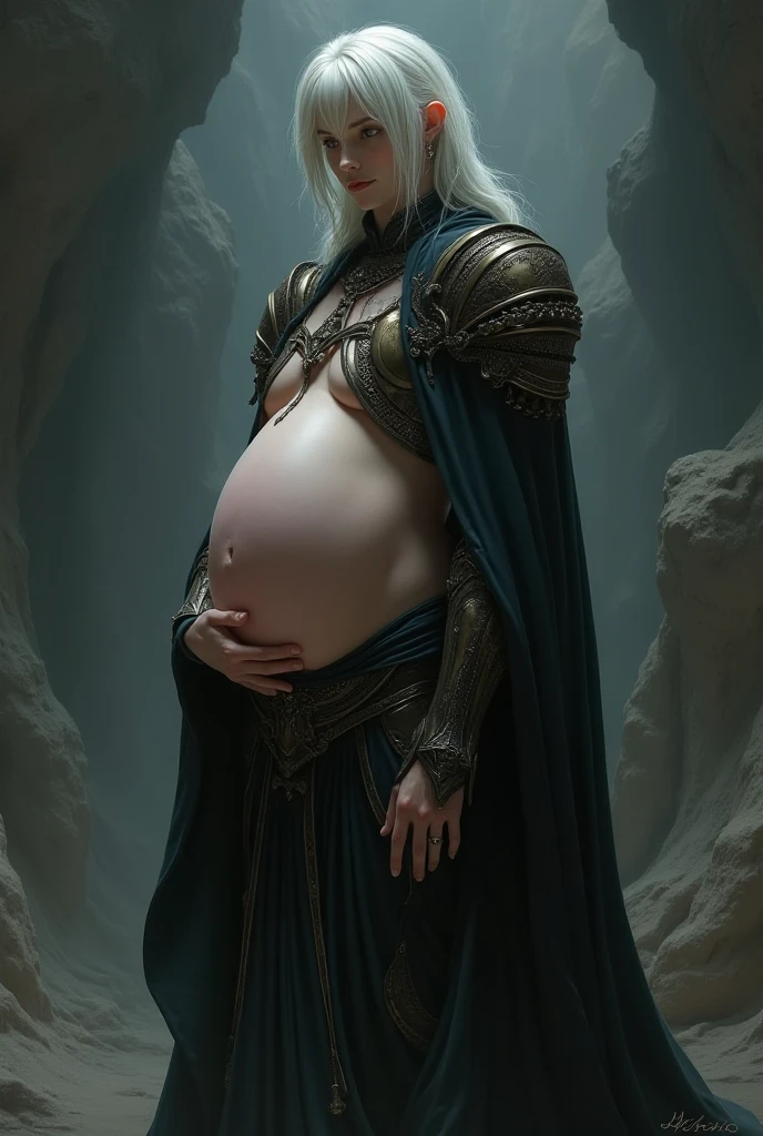 the elf,(White hair),pointy ears,Crucifer-shaped pupil,Leaf underwear,Cloak of leaves,simplebackground,themoon,The breath of life,green color,grassy fields,The Giant Tree of Life,A breath of green life,Gentle and powerful divinity,Wife-like feeling,Poor milk,5 pregnant,pregnant women with