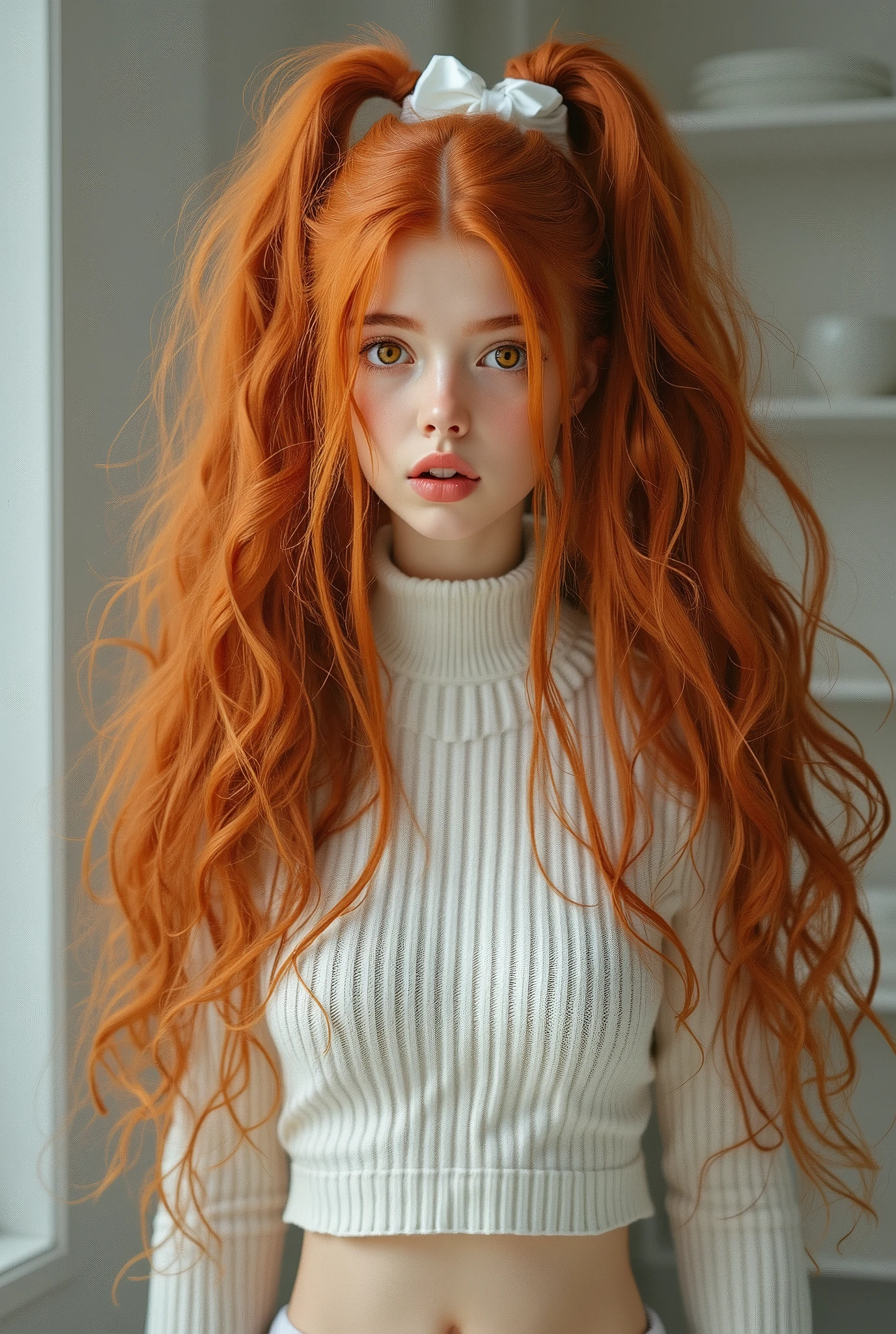 ultra realitic cinematic photo masterpiece, Highest quality, One young girl , alone, Are standing, Lips parted, Redhead, Twin tails, extremly long ginger hair, Yellow Eyes, Hair Scrunchie, Huge breasts, View your viewers, White skintight cropped sweater, Ribbed cropped sweater showing navel, navel percing, tight abs. ripped abs, toned abs, Sweater dress, skin tight Turtleneck sweater, Saggy breasts, Covered nipples,