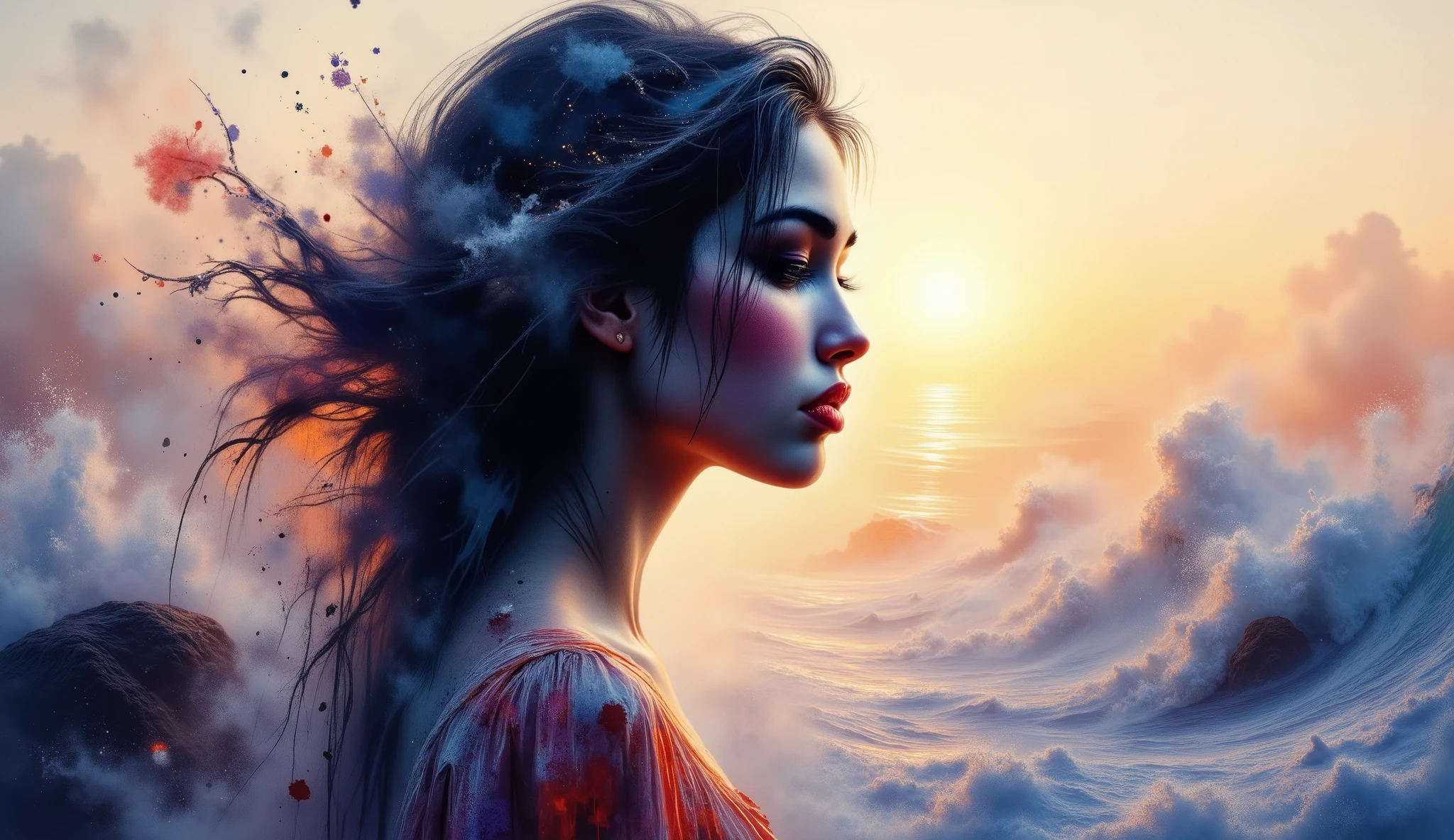 a digital illustration of a woman’s profile with her hair flowing back, blending into double exposure with ocean waves crashing on rocky shores, serene expression, sunset in the background, ink splashes, inspired by the works of James Jean, warm tones with soft oranges and purples, delicate lighting, peaceful and atmospheric --v 5 --stylize 1000