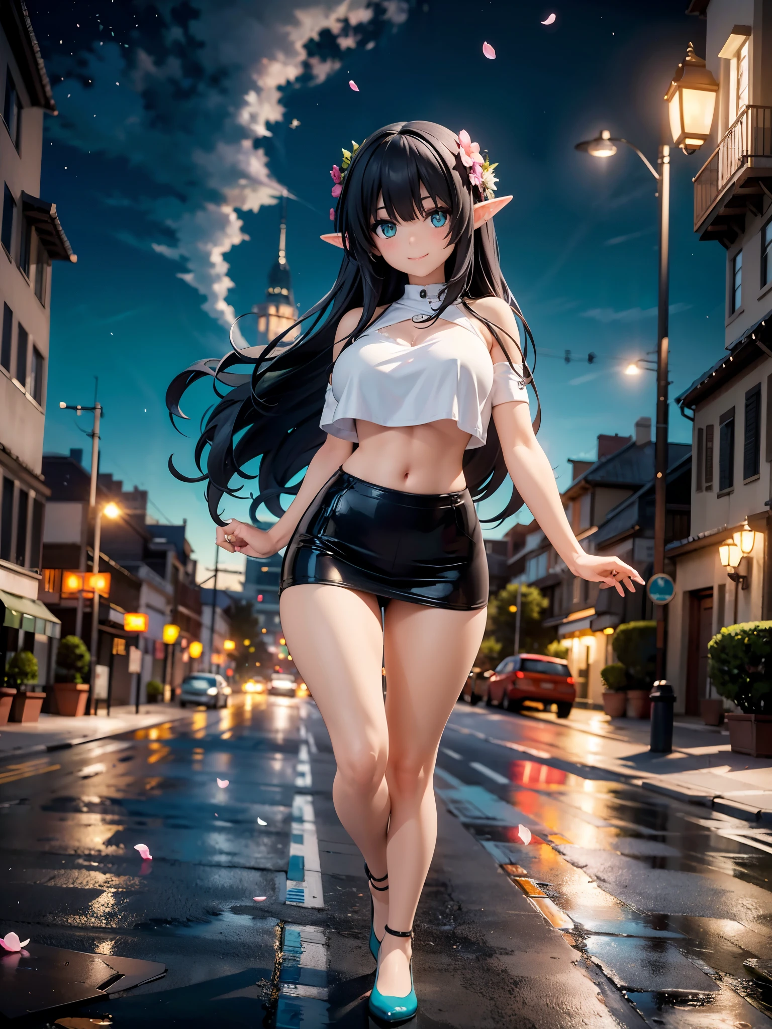 Realistic image, detailed and coherent image, 1 elf, turquoise eyes, black hair, very long hair, blushing, shy, She has a curvy body, medium breasts and thick thighs, She is wearing an off-shoulder sweater, with scarf, pleated mini skirt with embroidery, She is posing sensually, erotic, arching her back, leaves falling around, view from back, starry night, urban background, surrounded by buildings and people, soft focus, dramatic shadows, volumetric lighting, natural lighting, background of a park