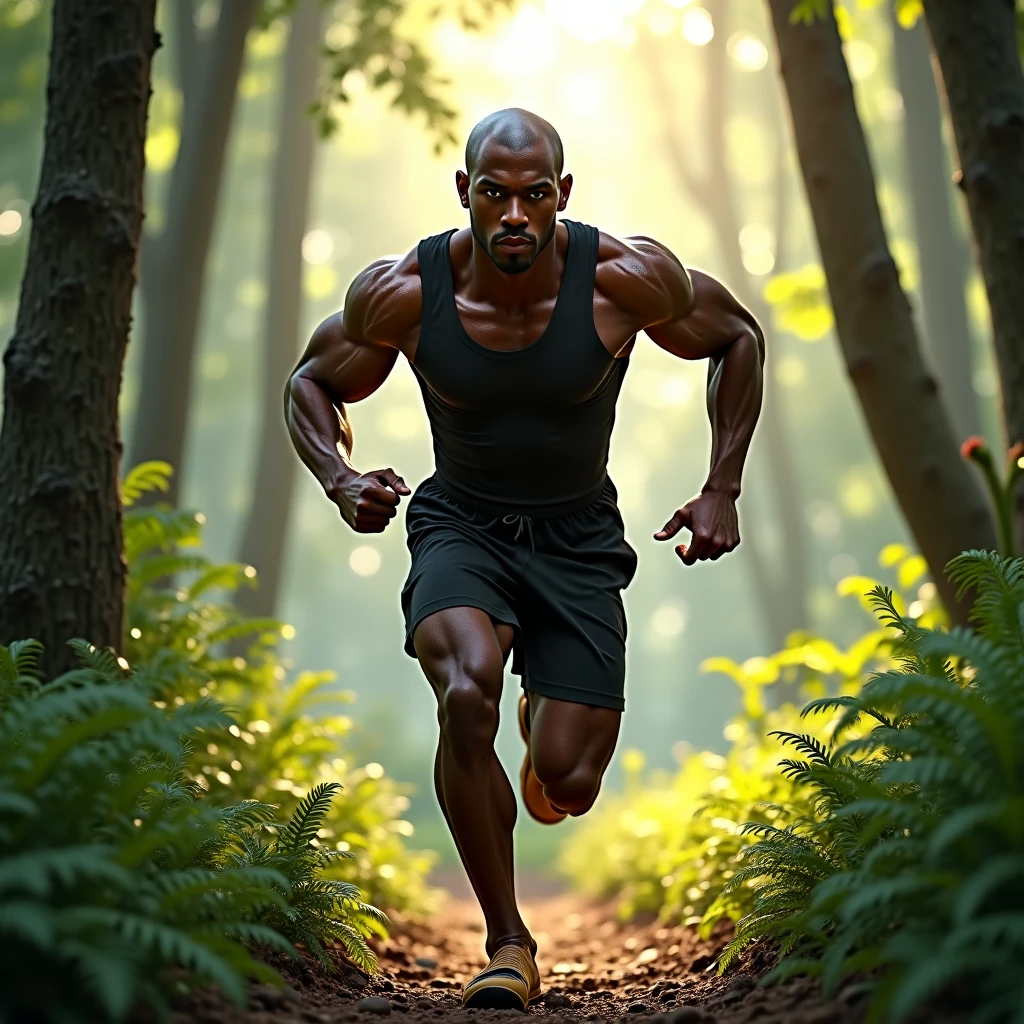 "Kamaru Usman walking on a grassy path, avoiding the sidewalk. His steps are slow and deliberate, the pain evident in his body language. The scene is captured in the early morning light, with a serene yet somber atmosphere. His upper body remains strong, but his legs appear fragile   
