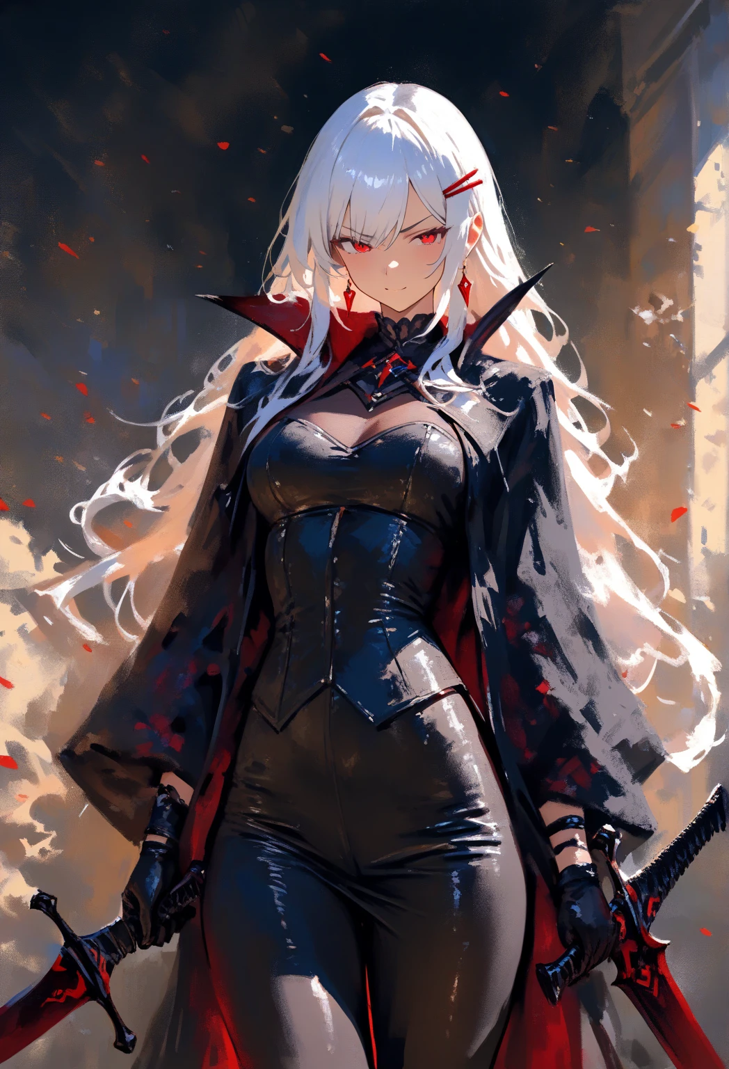 (masterpiece:1.3),(highly detailed:1.3),(highres:1.1),best quality,Ultra-detail,night,bursting breasts,mirko mha,solo,large breasts,red eyes,(bright pupils),rabbit ears,rabbit girl,abs, muscular female,red eyes, dark-skinned female,dark skin,animal ears,white hair, bloodborne hunter, long coat, skirt, single thighhigh, thigh strap, cleavage, striped, red skirt, shirt, pleated skirt, cleavage cutout, brown footwear, collared shirt, at night,looking at viewer, <lora:mirko:1>,<lora:bursting breasts by Goofy Ai:1>, <lora:Bloodborne:0.7>