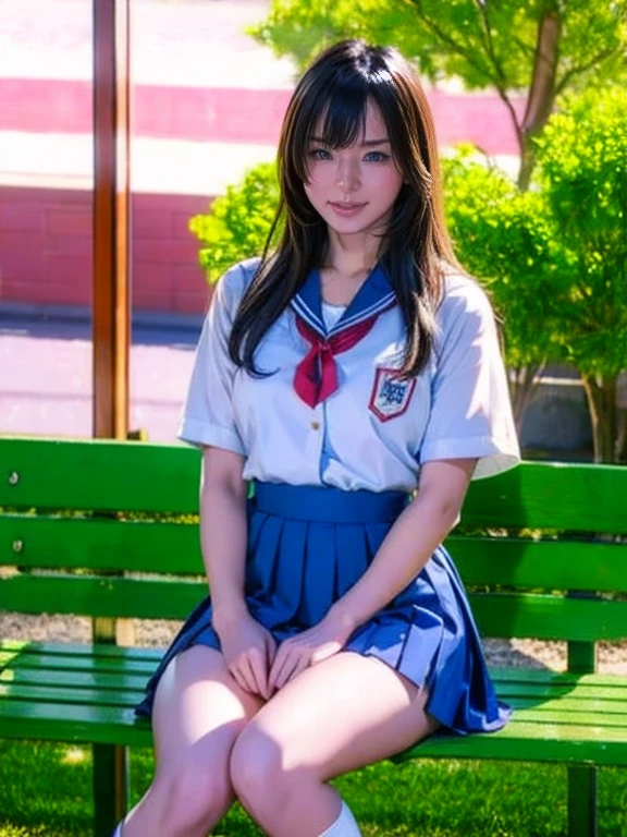 (​masterpiece)、(top-quality: 1.4)、absurderes、[:intricate-detail: 0.2]、２Man Woman、SFW、JAV Cover、Girl posing sitting with legs open、Cute Schoolgirl, wearing japanese school uniform, a park、Sitting on a bench