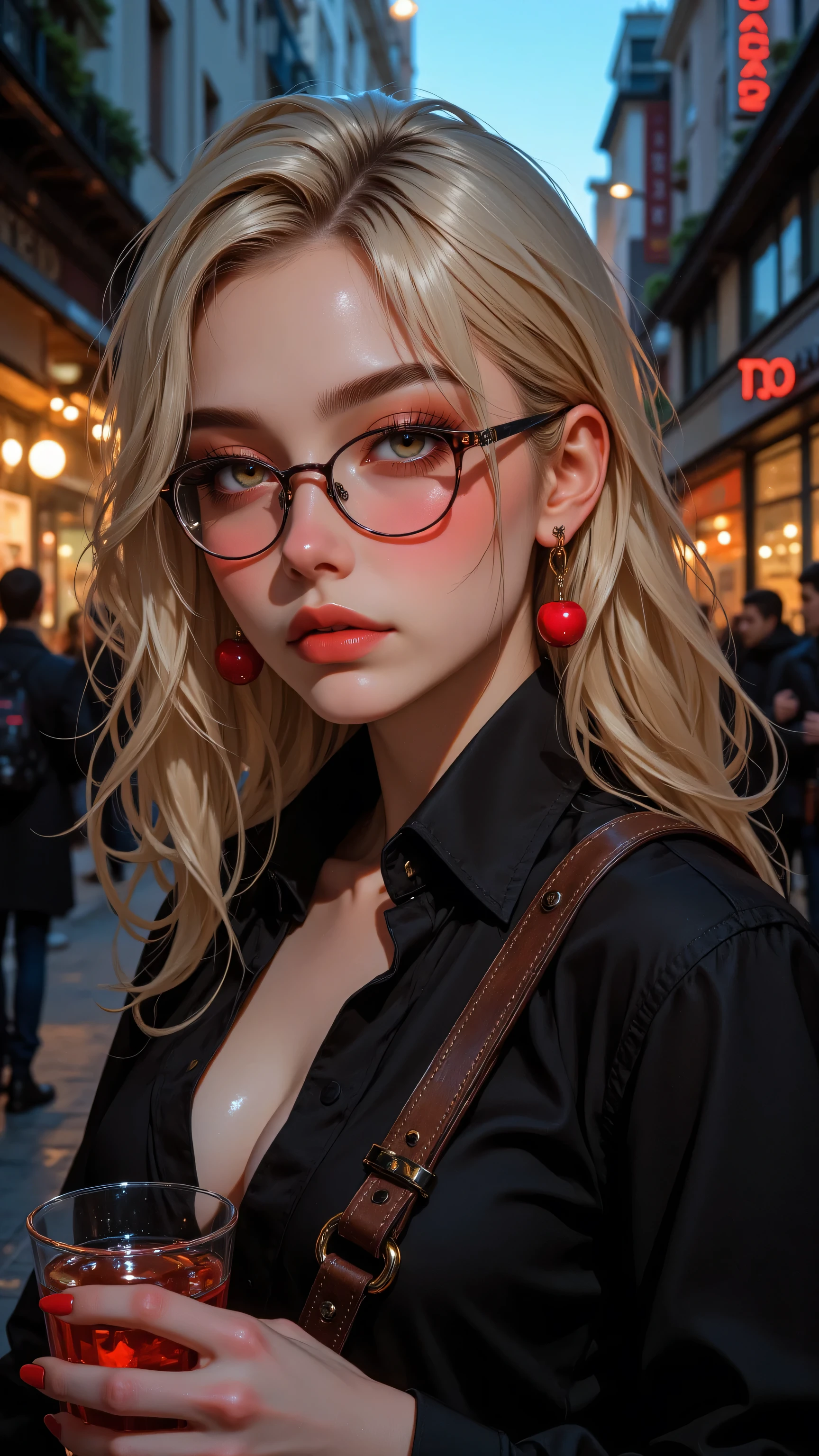 8k, Masterpiece, Top Quality, Close-up, blonde hair, glasses, cherry earrings, rosy blush, pink lips, full makeup, dark top, purse strap, holding glass, red beverage, evening setting, city street, lights, other people, trendy, stylish.