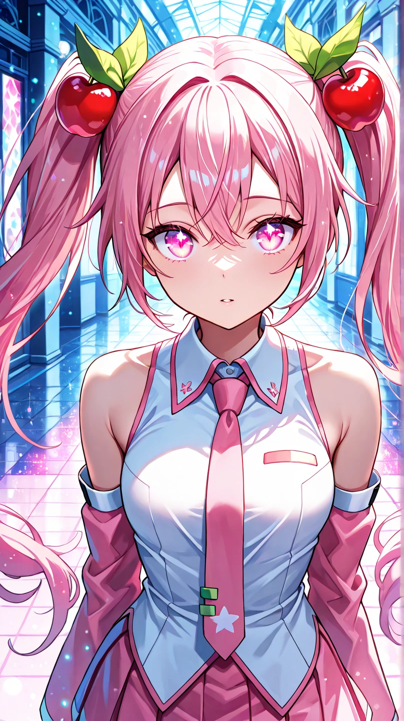 1girl. pink hair.long hair.twintails.{}.(short stature).small breast.white t-shirts.skirt. (((masterpiece))).(((best quality))).)((ultra-detailed))).(((illustration))). (((Spread your arms))).(((night view))).(((1girl))).