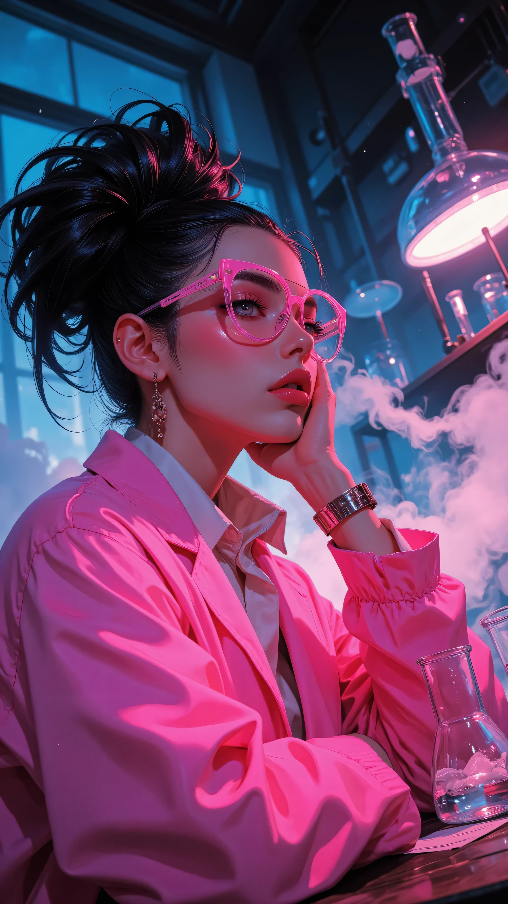 8k, Masterpiece, Top Quality, Low-angle, close-up,  dramatic lighting, upswept hairstyle,  pink cat-eye glasses,  vibrant pink lab coat,  focused expression,  active pose, laboratory setting, glass containers, beakers, apparatuses, smoke, vapor, hazy atmosphere, vintage glamour, retro-futuristic.