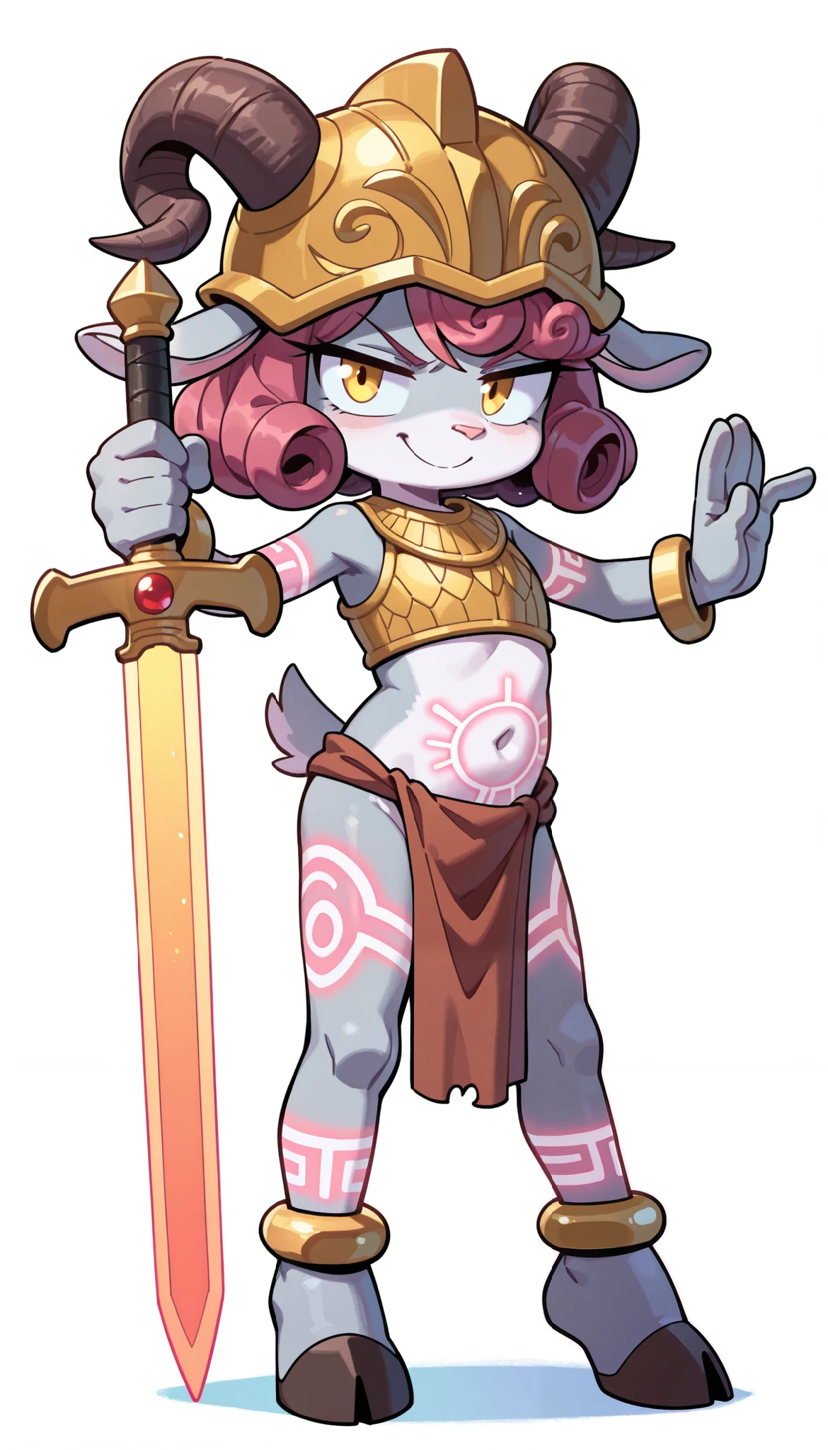 score_9, score_8_up, score_7_up, 1girl, solo, masterpiece, best quality, amazing quality, very aesthetic, absurdres, source furry, furry , goat, yellow eyes, two tone body fur, gray body fur, white body fur, dark pink hair, curly bangs, short curly hairstyle, goat curvy horns, goat ears, goat features, looking at viewer, oily skin, (short body, tiny body), big head, closeup, ((garnet loincloth, mesopotamic armor, helmet, almost naked, shoulders, bracelets, anklets)), full body, goat tail, white background, simple background, light power, light particles, goat hooves, hand with five fingers, glowing tattoos on arms, glowing tattoo on tummy, glowing tattoo on legs, glowing tattoos on face, holding a light sword, small chest, weapon pose, leaning on sword, sword on ground, angry, smile, epic portrait,