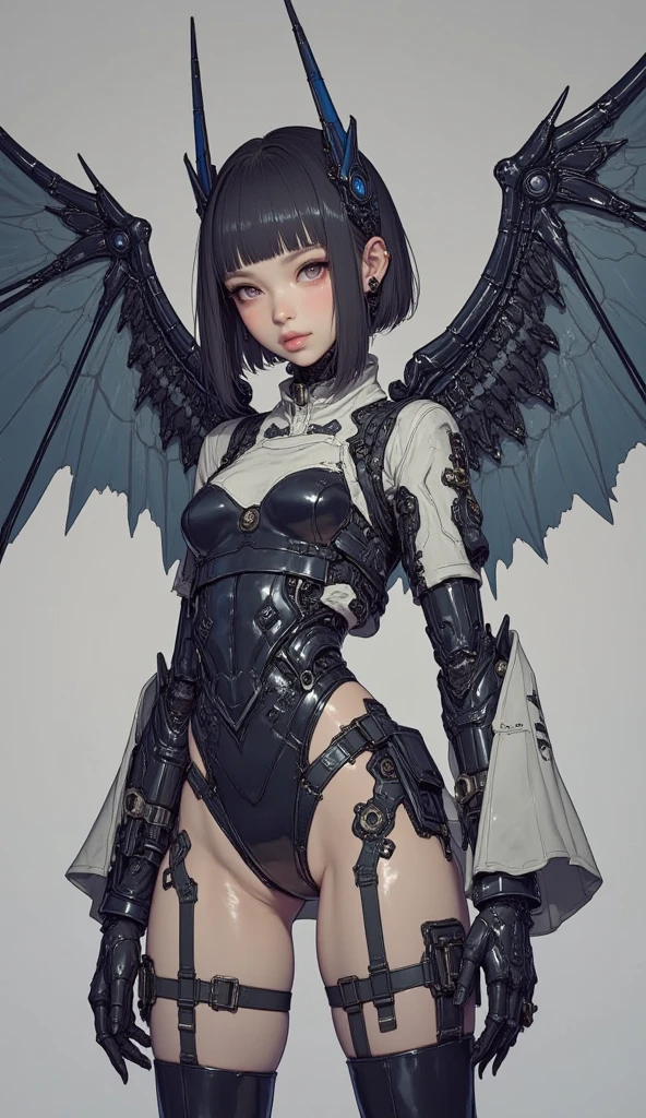 (top-quality:1.2, masterpiece)、ultra high resolution、extremely ultra surrealism, (Photorealsitic:1.4)、Raw photo、(Steampunk Battle Cyborg fallen angel)、large wings made of metal、black porcelain body、red hair、glowy skin、1 Cyborg girl、(mechanical frame:1.3)japanese, extremely cute face, ((super realistic details))、portrait、globalillumination、Shadow、octan render、8K、ultrasharp、character edge light、Details of complex ornaments、Acrylic Clear Cover、Sumerian details、Hydraulic cylinder、Small LED lamp、highly intricate detail、Realistic light、a purple eye、radiant eyes、Facing the camera、neon details、cowboy shot、Futuristic headgear、About Cyberpunk