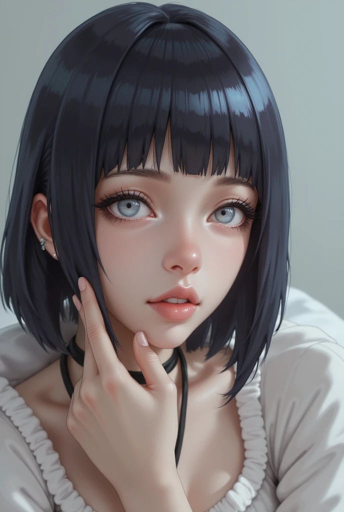 The expression of a killer feeling pleasure,portrait of a beautiful woman,alone,20-year-old,Beautiful Face,Upper Body,Hair on one eye,Short Bob, Black Hair, Sharp focus,10 fingers
