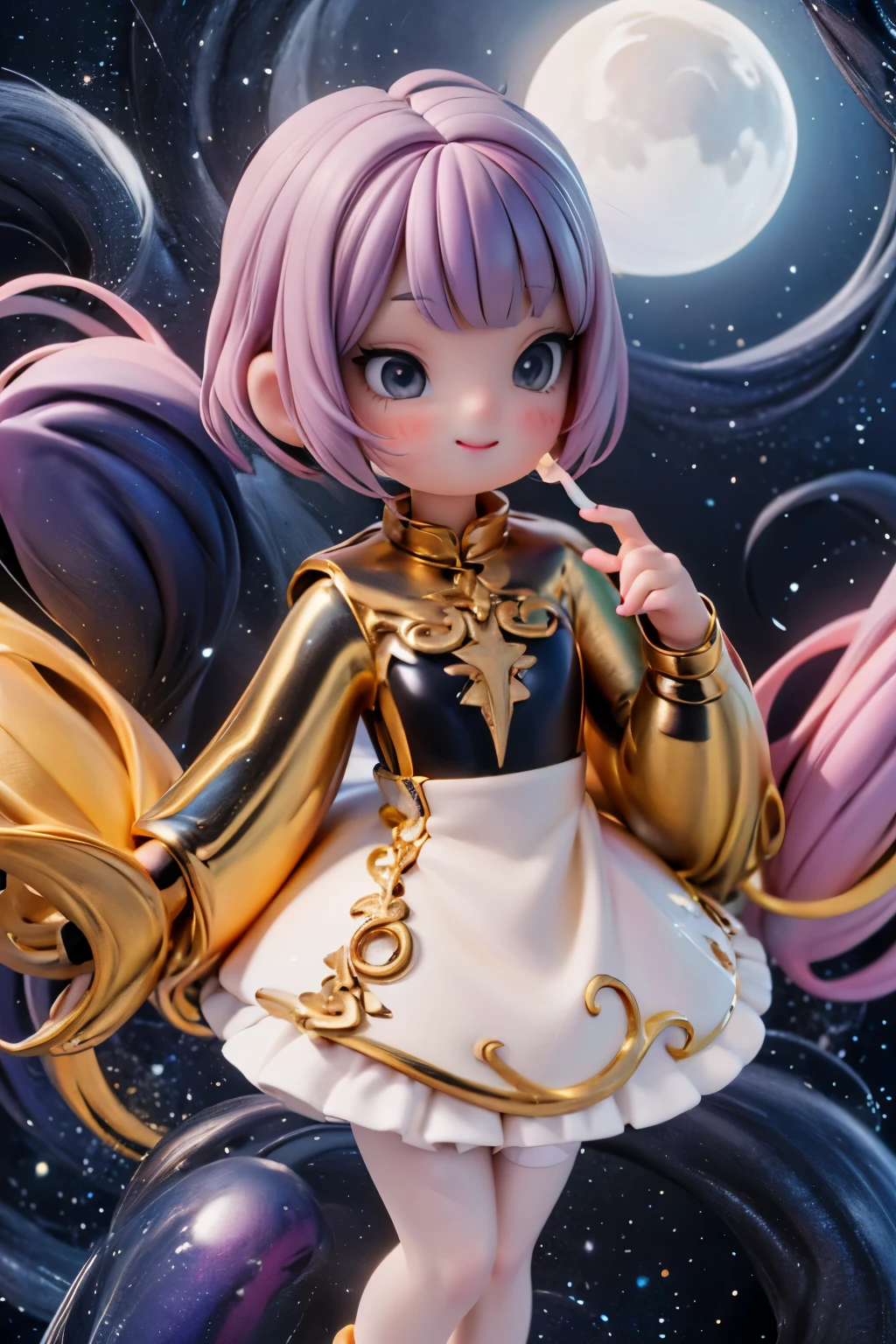 Whimsical cherub soars across the starry night sky, her petite form a blur as she grasps a twinkling star in her hands. Her bright, sparkling eyes shine like diamonds against intense smokey eyeshadow and dramatic blush. A moon-themed dress flows behind her, its white hosiery and patent leather pumps glistening like stardust. The dynamic pose, captured from a low angle looking up at the cherub, emphasizes her footwear - plum lollipop-studded pumps that seem to defy gravity. The surreal scene is bathed in a magical atmosphere, with sparkling stars scattered across the night sky.