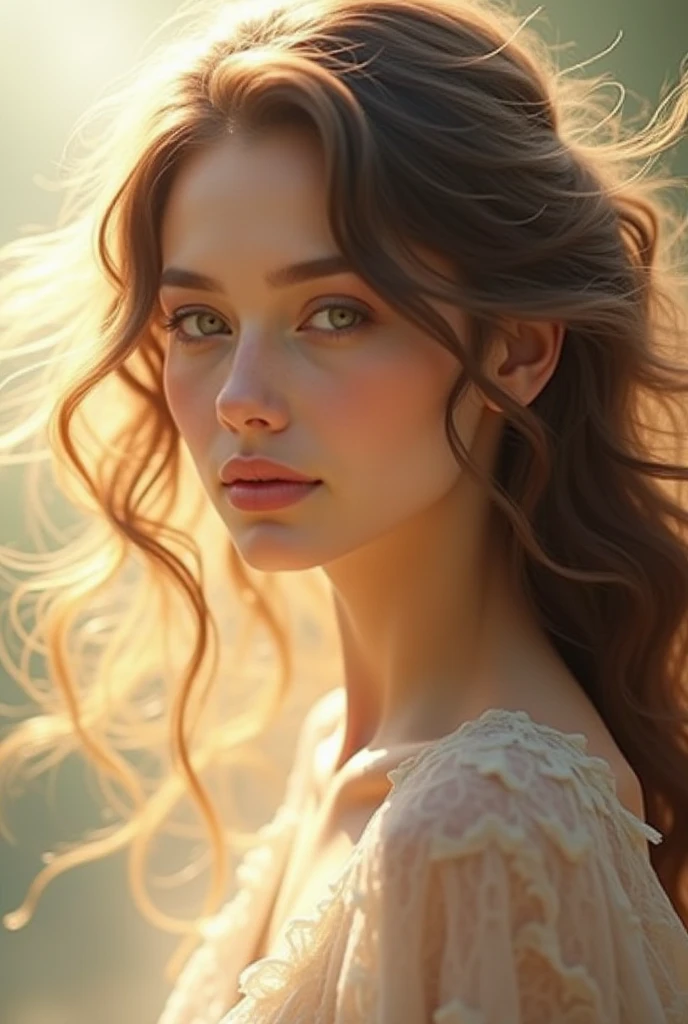 Medium shot, Aphrodite, elegant, Beautiful, Flowing hair, Nikon D850 camera, 85mm lens, Soft studio lighting, Pastel Groden color scheme, Neoclassical fine art painting, Subtle grained texture, Soft shadows and highlights were added later, Best quality, Beautiful, filmgrain