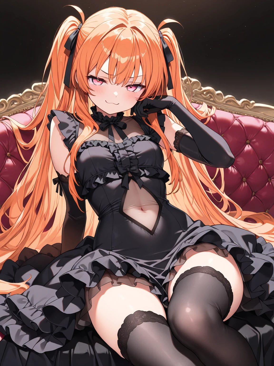 ,huge ,Gothic Lolita,Garter Straps,Laughing with your mouth open,tooth,vampire,Halloween,Orange Hair,hair ornaments,Heterochromia iridis,Best image quality,Highest quality