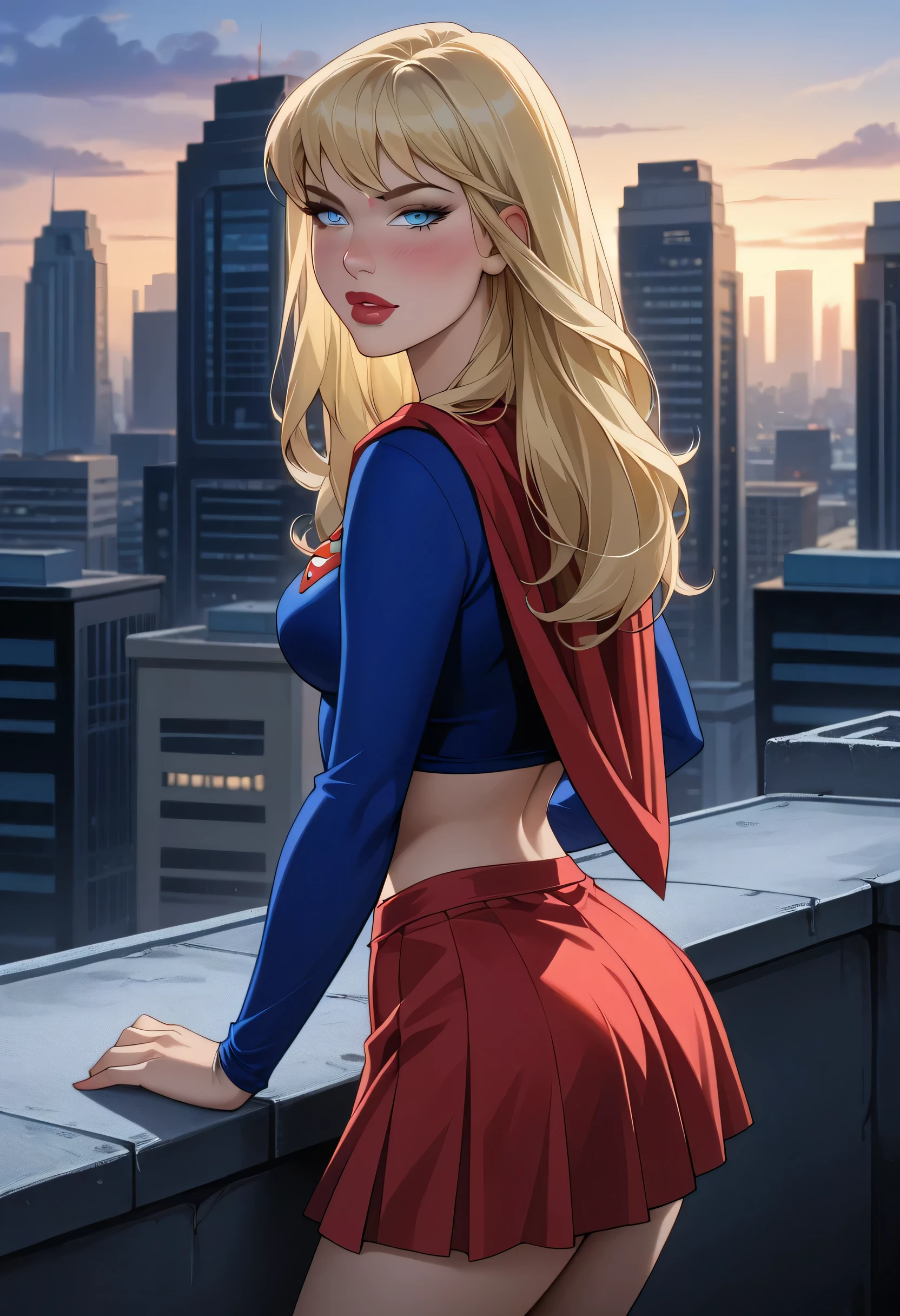 score_9, score_8_up, score_7_up, source_cartoon, (midnight, evening, dark:1.3), 1girl, solo, beautiful waifu, sexy (Supergirl, DC Comics, blonde hair, light blue eyes, long hair:1.3), wearing (blue shirt, crop top, long sleeves, red skirt, cape:1.2), midriff, perky breasts, naturally curved, perfect butt, sexy thighs, sexy legs, filled lips, thick lips, parted lips, lipstick, (looking back at viewer, pov, blush:1.2), model shoot, (rooftop, metropolitan city, on patrol:1.1), sexy eyes, detailed eyes, (eyes half-closed:1.1), detailed face, sexy look, shallow depth of field, dimly lit, (Hand, detailed, perfect, perfection, hands:1.2), face focus, (rear view:1.3).