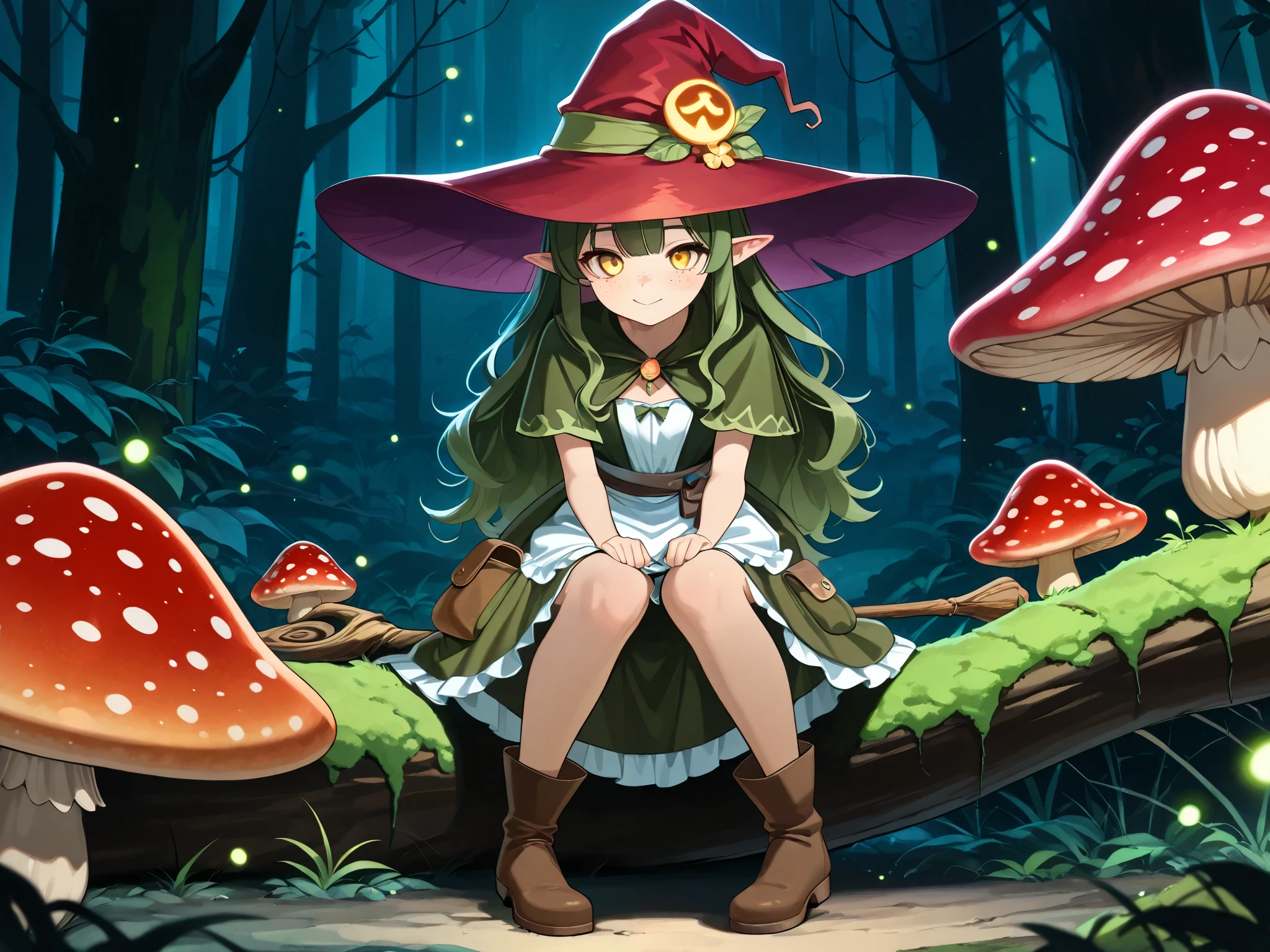  a Fungi Witch with tanned dark skin covered with freckles. Long pointy-ears. She has yellow-amber eyes. She has loose ginger red wavy hair, long to her feet. Per witch dressing set: She wears  swampy green  medieval dress and an apron with two pockets. she wearing a potion belt. There is a bag over her shoulder with healing herbs sticking out of it. She has brown pointy-toed witch boots. She wears a red fly Agaric hat on her head. In her hand she holds a staff in the shape of a tree branch overgrown with moss. she slowly walking in the mushroom grove  where big mushroom-trees grow everywhere around the blooming swamp, fireflies are flying in the air. Multicolored flowers and mushrooms wich growing around have bioluminescence.