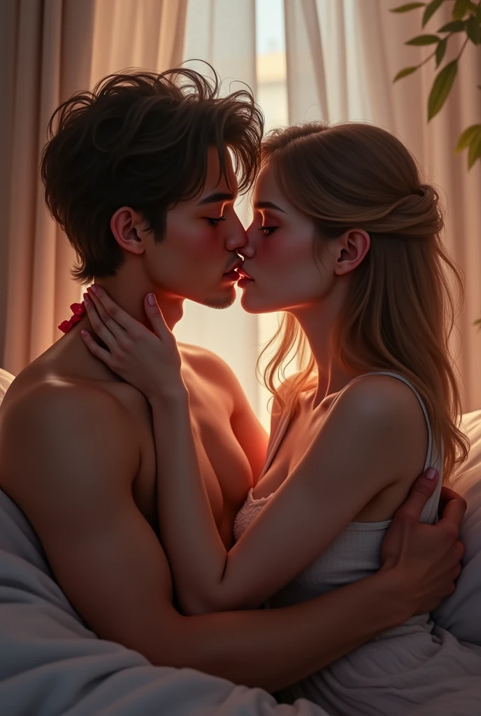 Generate me a photo of an Argentine girl, with a good bust, blue-eyed blonde with tears in her eyes, a crying butterfly tattoo on the legs of a boy with Korean features with not so slanted eyes with a white shirt full of red lipstick kisses and unbuttoned pants with a lip piercing. Both full body and white skin. In a red room on a bed and in a painting hanging on the wall there is a letter A & With