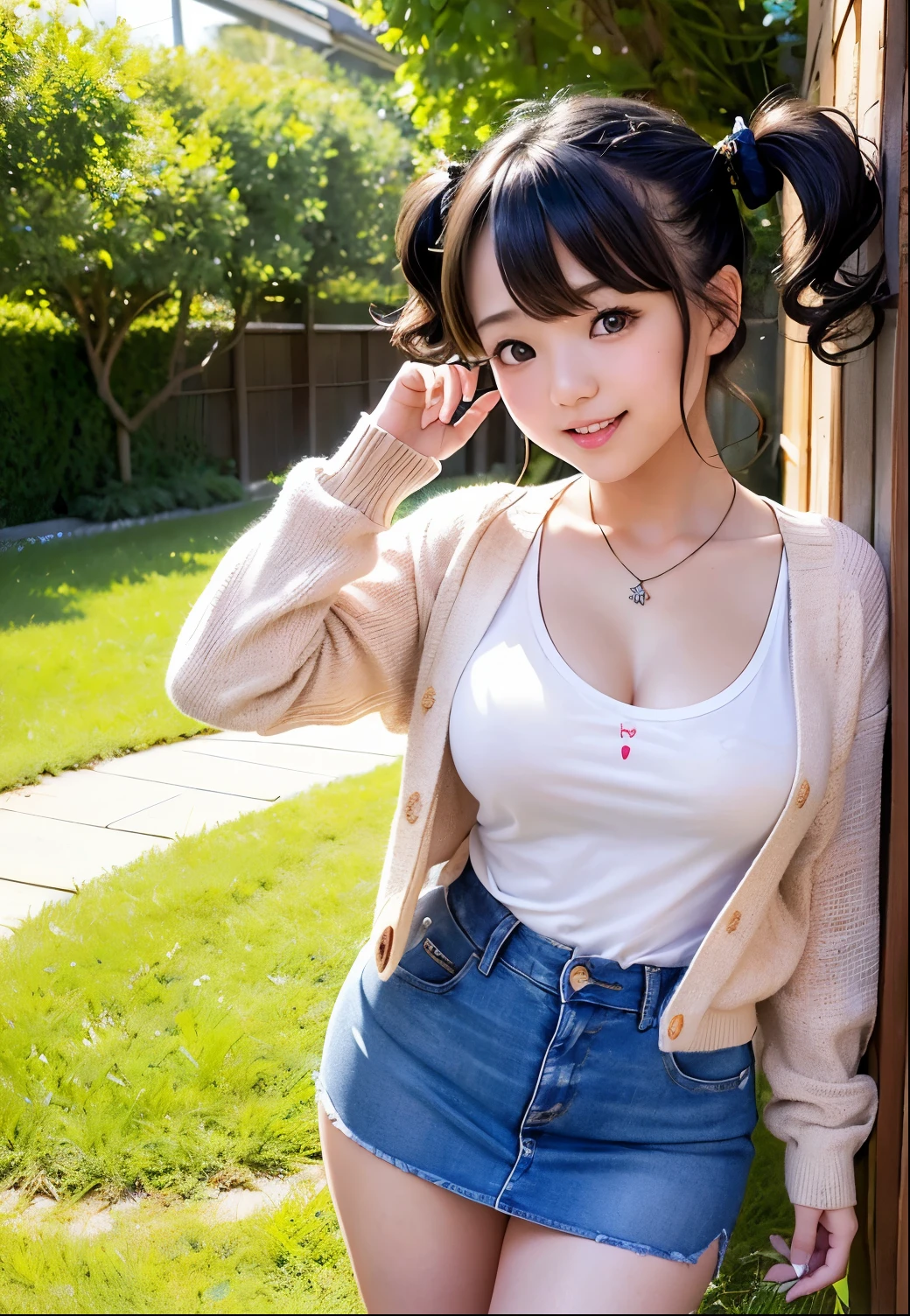 (Highest quality,masterpiece:1.3,Ultra-high resolution),(Very detailed、Caustics) (Realistic:1.4, RAW shooting、)Ultra-Realistic Capture、Very detailed、Natural skin texture、masterpiece、(A Japanese elementary school girl wearing a thin satin floral tank top and a mini jeans skirt:1.3)、Adorable expression、Expressions of happiness、、height: 140cm、Baby Face、Pure girl、Amazingly cute、Twin tail hairstyle、Curly Hair、ribbon、Black Hair、Large Breasts、Shining thighs、Shining ass、necklace、Filmed sitting on a sofa in a private room at a sex shop、Background details、smile、An inviting gaze、(Anatomically correct)、Cowboy Shot、Attention to detail、