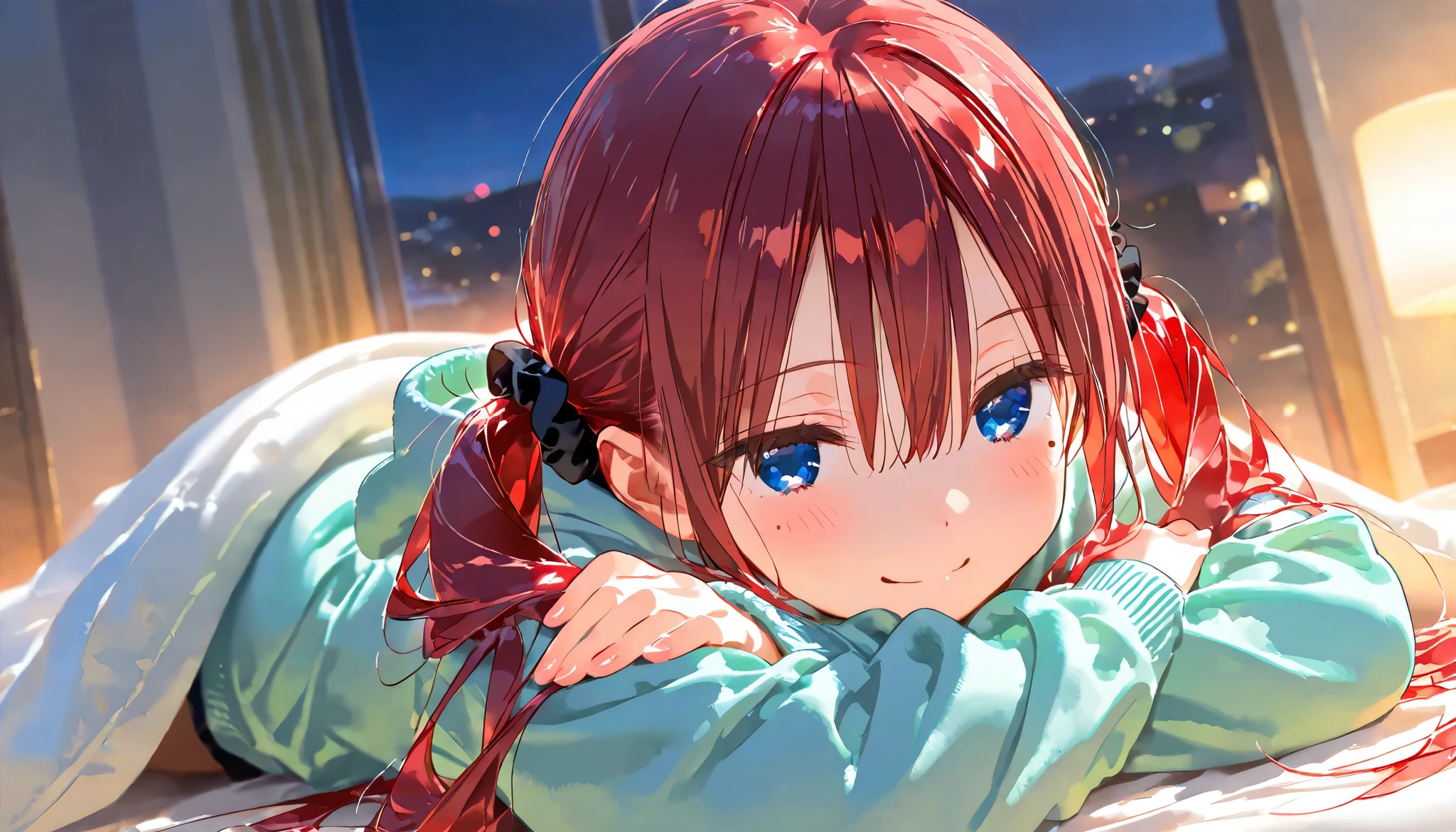 masterpiece , best quality, 1girl, medium length and tied into twin pigtails on both sides, round eyes, black scrunchie, bangs,hair between eyes, red hair, blue eyes eyes, mole under left eye, -yeld, hie, looking at viewer, smiling, in the room, hyper detailed, anime, (hard-edged:1.4), golden ratio, highly saturated colors, lying prone, upper body, night