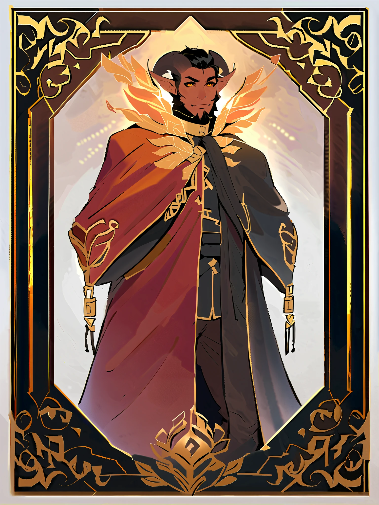 Red tiefling, dark red skin, black hair, semi-long black hair, short black stylish beard, beard, phoenix style inspired, stylish, magical phoenix feathers collar, bright yellow red embering collar, male, balck horns, solo, facing viewer, blank background, fashion, fantasy fashion, slender build, red cloak, maroon, gold embroidery, coat tails dipped in gold, high rise collar, gold embroiderd