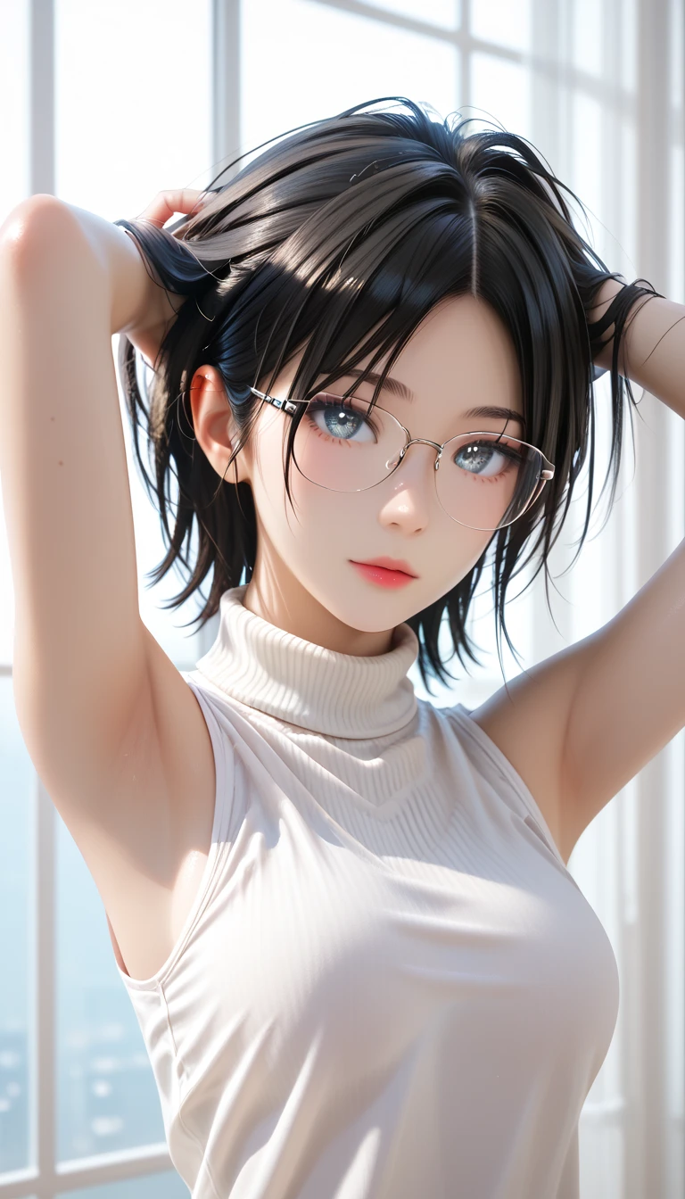 Black hair. Short hair. Anime girl. Asian girl. Ulzzang. Glasses. Smile. Armpit.