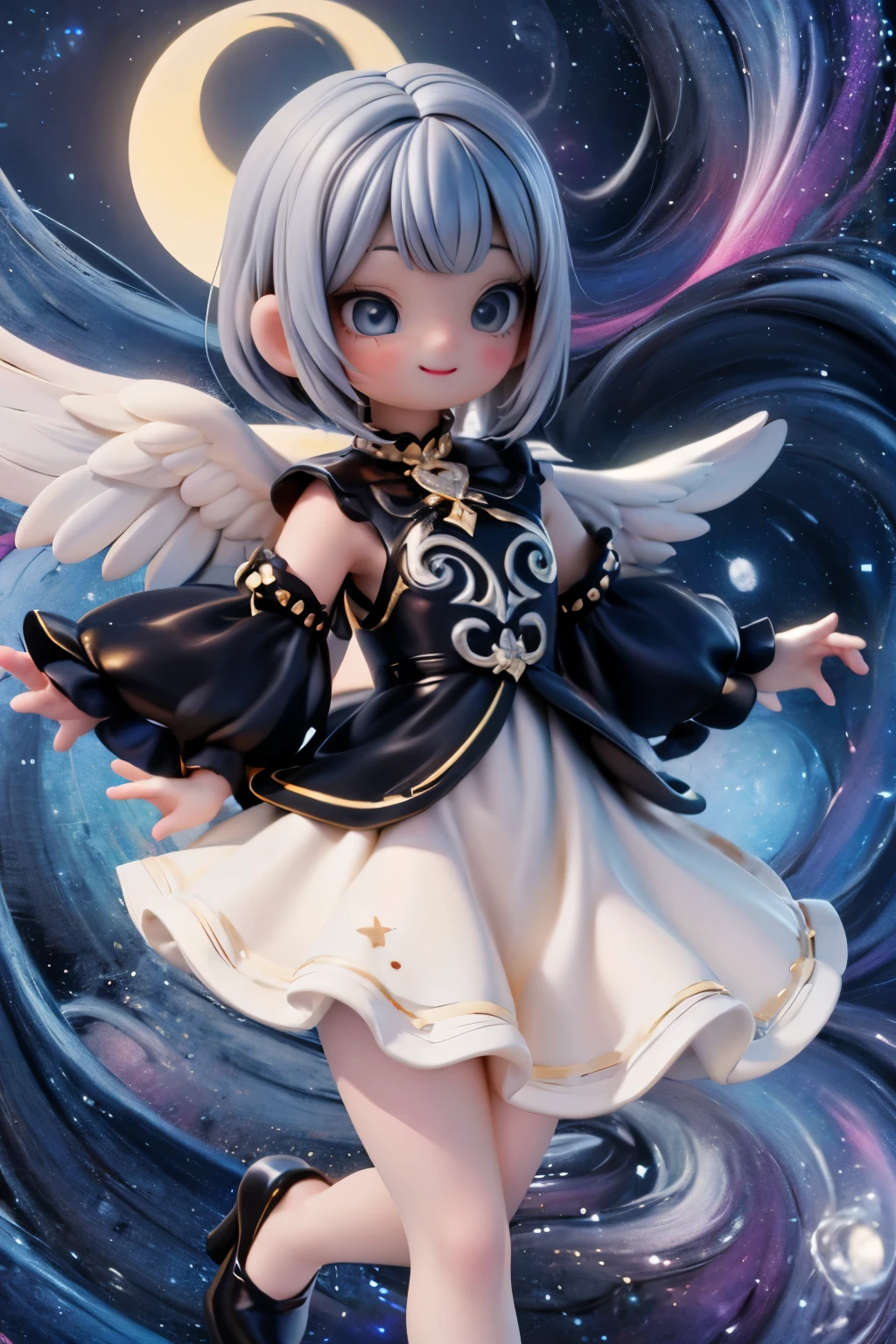 A cherub soars across the night sky, her petite frame a blur as she grasps a sparkling star in her hands. Her bright eyes shine like diamonds against intense smokey eyeshadow and bold blush. A flowing moon-themed dress hugs her tiny form, paired with white hosiery and patent leather pumps adorned with sparkling stars. From a low angle, focus on the footwear as the cherub's dynamic pose fills the frame, set against a surrealistic fantasy art style night sky, where stars twinkle like diamonds.