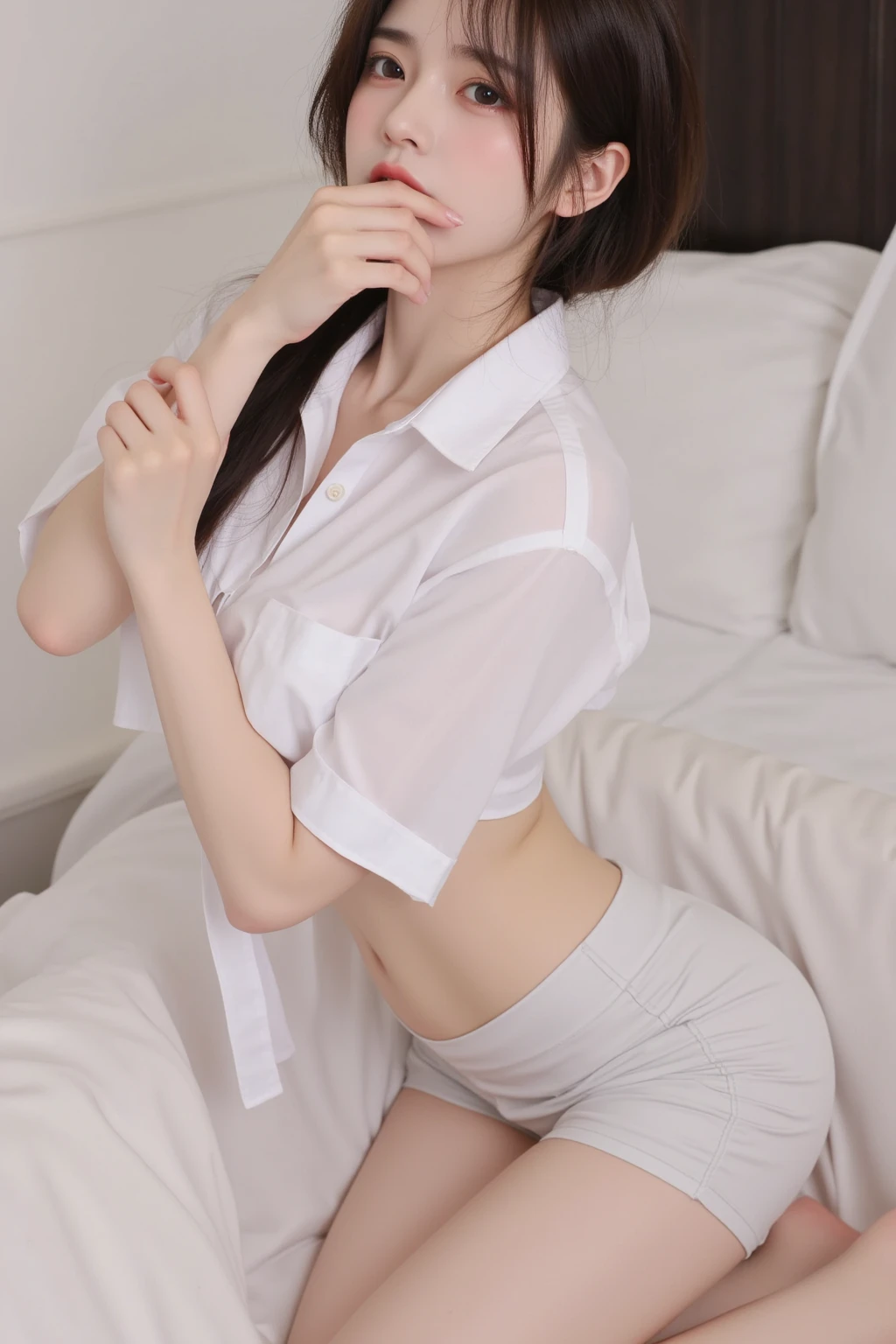 ((White pajama shirt:1.8)), (((The lower part of the body is completely naked:1.8))), ((white panties with a small area,,,,:1.8)), (Bedrooms:1.5), ((lyin in bed:1.5)), ((Perspective from above:1.8)), (erectile nipple:1.5), (Smiling smile:1.5), Clothes are sheer, 1girl in, 18year old, 7headed body, Ideal ratio body proportions, erectile nipple, short-hair, A dark-haired, With bangs, small tits, A slender, Small buttocks, beauty legs, Skinny Legs, surrealism, Cinematic lighting, depth of fields, One-person viewpoint, F/1.8, 135 mm, nffsw, masutepiece, ccurate, ((Anatomically correct:1.3)), Textured skin, Super Detail, high details, High quality, awardwinning, Best Quality, hight resolution, 8K