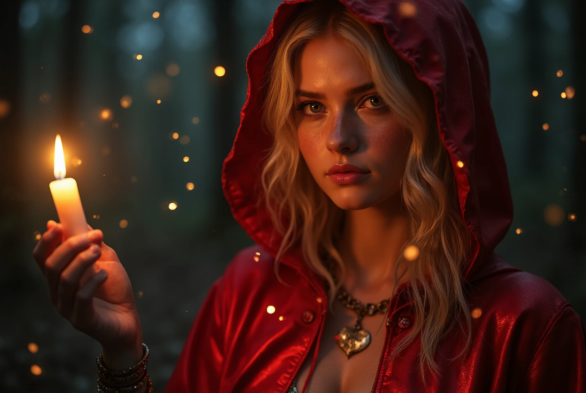 (( RAW photo), absurd, close up, golden blonde girl very beautiful and with a sexy and mysterious touch of Little Red Riding Hood like for a ren's story, her red costume shines as if she were a FAIRY , general plan full body (absurd resolution)), Masterpiece, accessories (Extremely detailed 8k unit CG wallpaper), (best illustration), ( best shade), Realistic lighting, detailed and beautiful brightness, She is in a dark and dark forest it is night , but she glows in the dark her red suit flutters and shines with its own light in the dark, surrounded by fireflies that emit light, Making there be a halo of light around him , she has a candle in her hand, an artifact of light from which balls of light come out