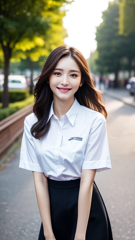 (natural background), masterpiece, highest quality, figure, Super detailed, finely, High resolution, 8k wallpaper, 完璧なダイナミックな構figure, detailed and beautiful eyes, big breasts, natural color lip, pose randomly, smile, ((office)), Beautiful woman in her 20s, full body shot, long hair, ((working office uniform)), look ahead, sitting in a chair