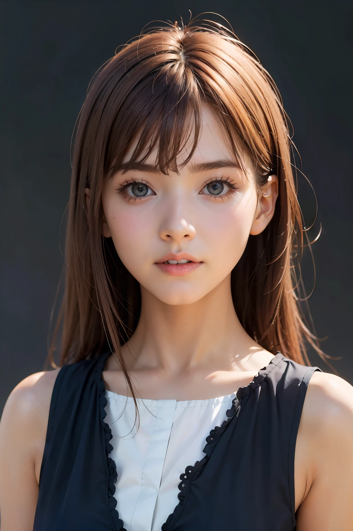 Best quality, masterpiece, ultra high res, (photorealistic:1.4), raw photo,1girl, solo, realistic, looking at viewer, upper body,simple gray background, black dress,