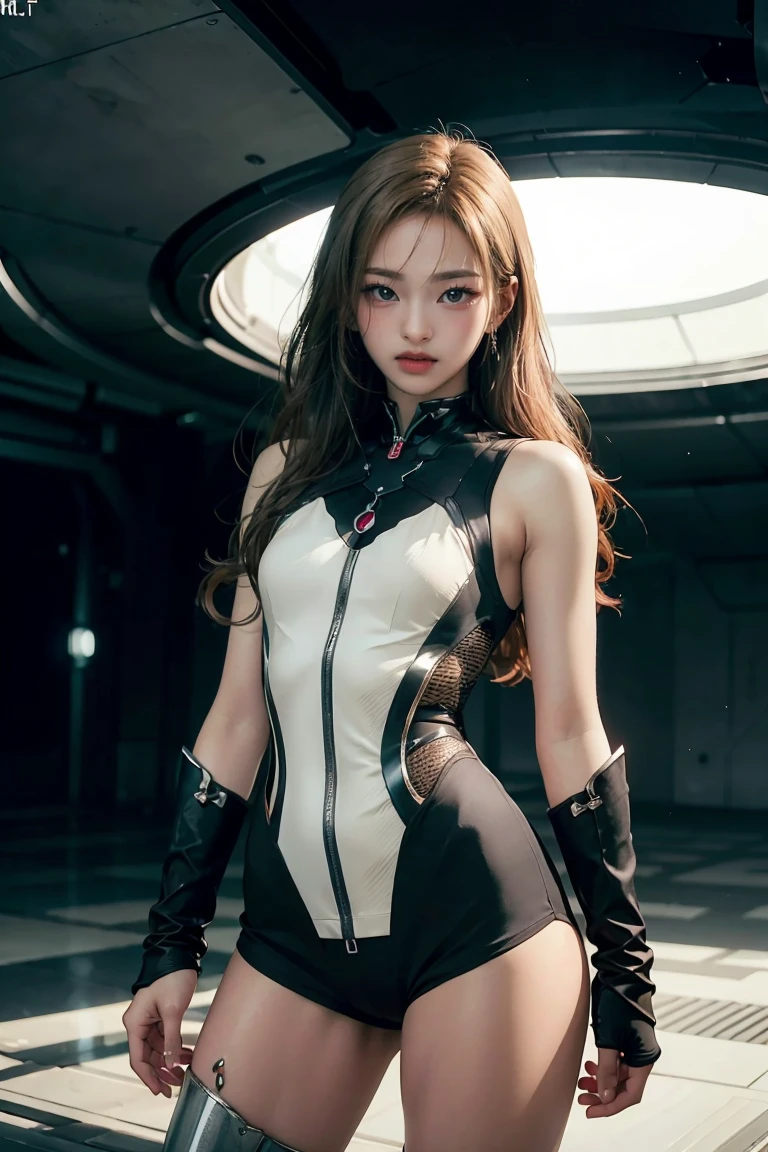 A mech girl,He has a delicate and beautiful face,((White cyborg body)),Favor the details,Local close-up,There are weapons,Spidey,Spider-Man from Marvel,filmgrain,No chest leakage,Bigchest