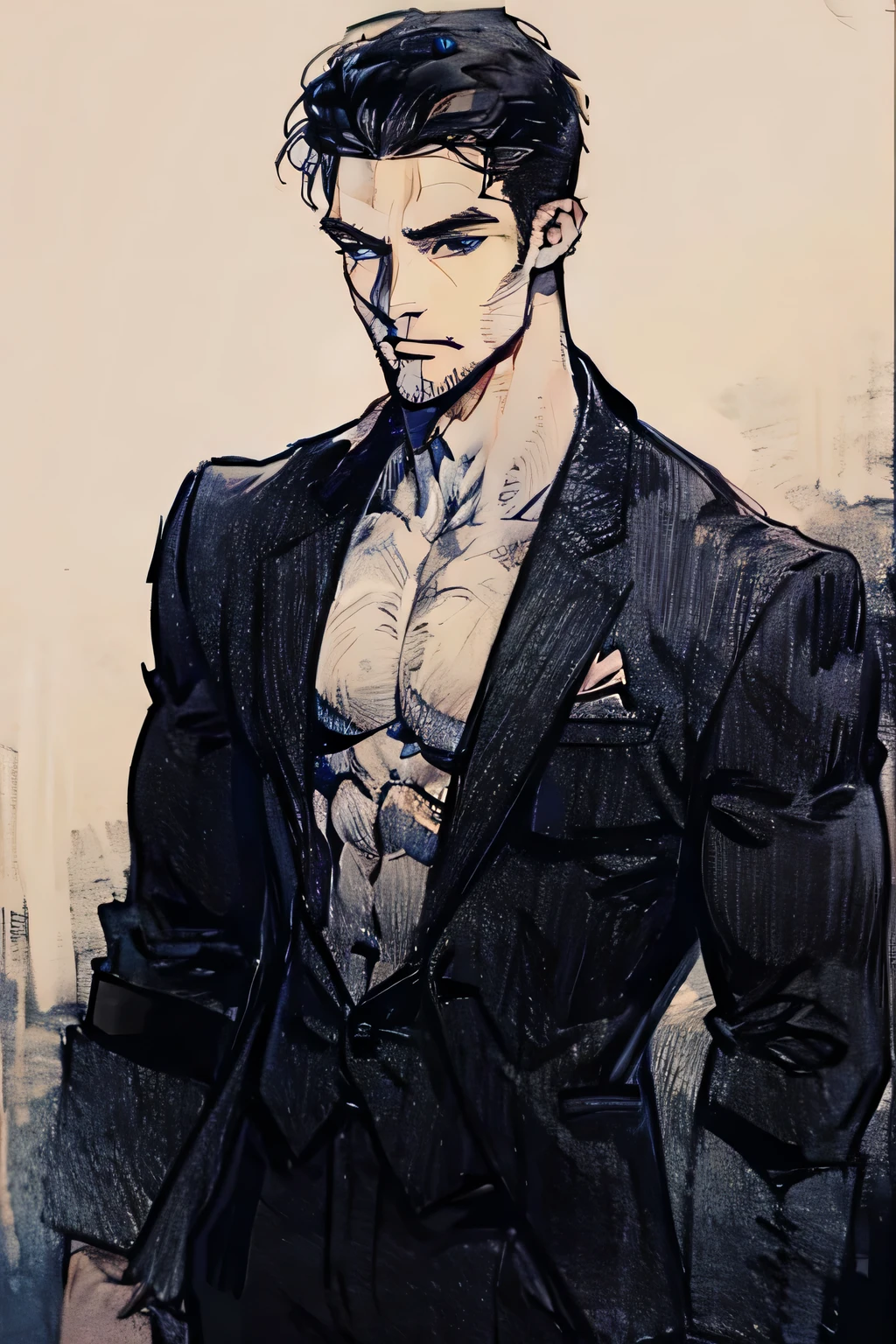 Vampire male, muscular man, tall man, masculine face, beardless, dark clothes, short hair, black hair, blue eyes.