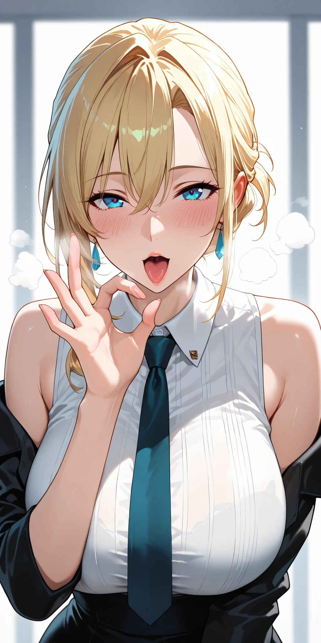 Masterpiece, very aesthetic, vibrant, high contrast, high resolution, ultra detailed, elegant mature woman, curvaceous, blonde hair, hair between eyes, swept hair, updo hair, blue eyes, upper body, tie, sleeveless collared shirt, off shoulder jacket, fellatio gesture, teasing, heavy breath, blushing, looking at viewer, dynamic lighting, best quality, newest