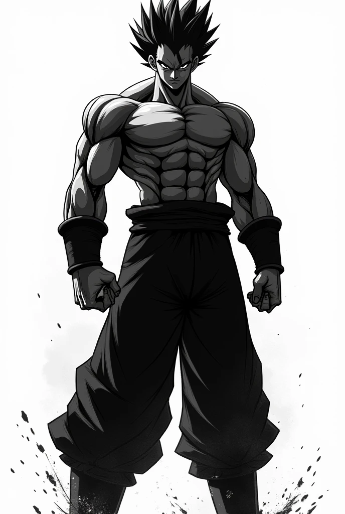 create a strong anime character in black and white, in the baki hanma style
