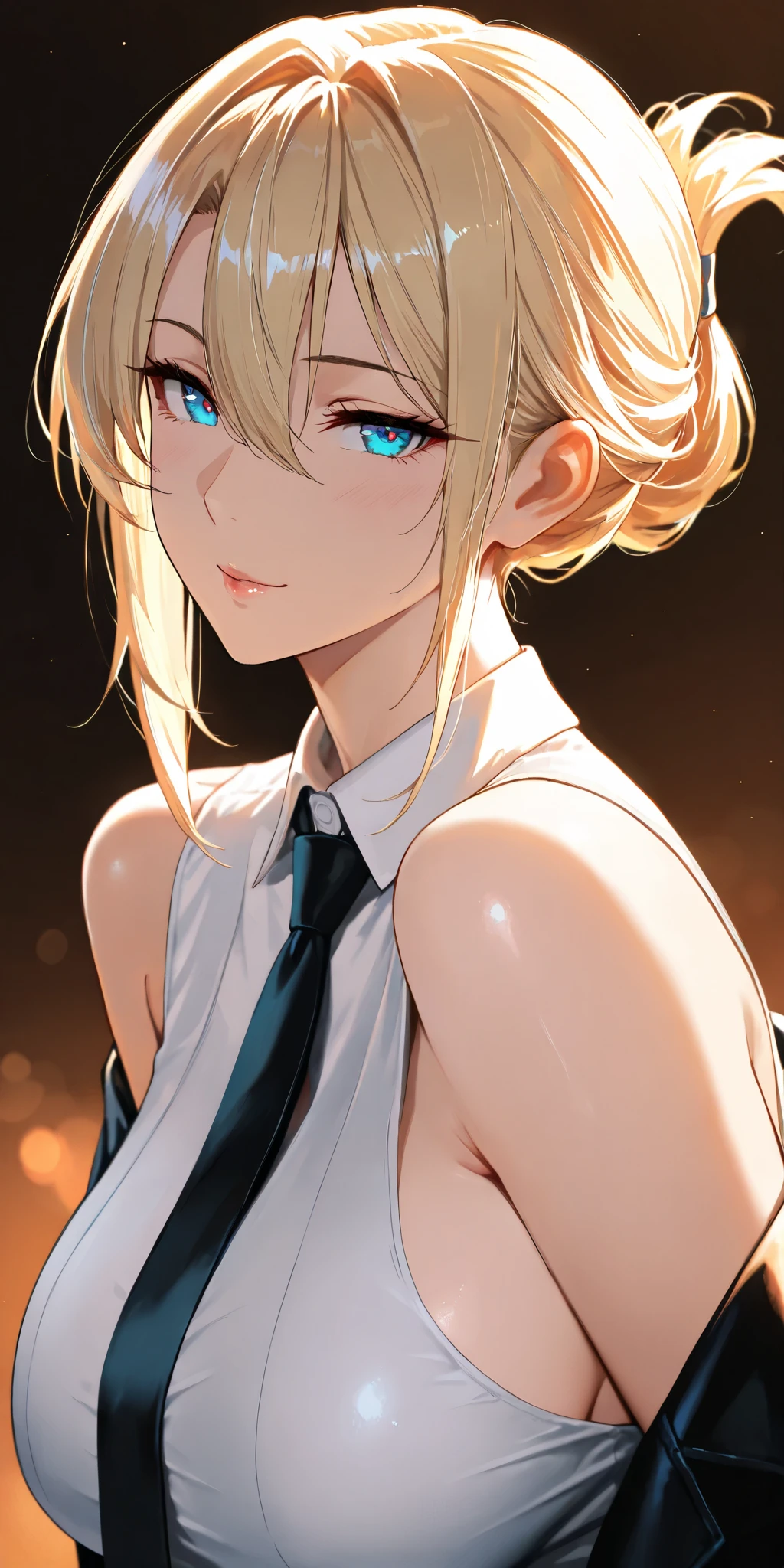 Masterpiece, very aesthetic, vibrant, high contrast, high resolution, ultra detailed, elegant mature woman, curvaceous, blonde hair, hair between eyes, swept hair, updo hair, blue eyes, upper body, tie, sleeveless collared shirt, off shoulder jacket, side boobs, looking at viewer, dynamic lighting, best quality, newest, seductive